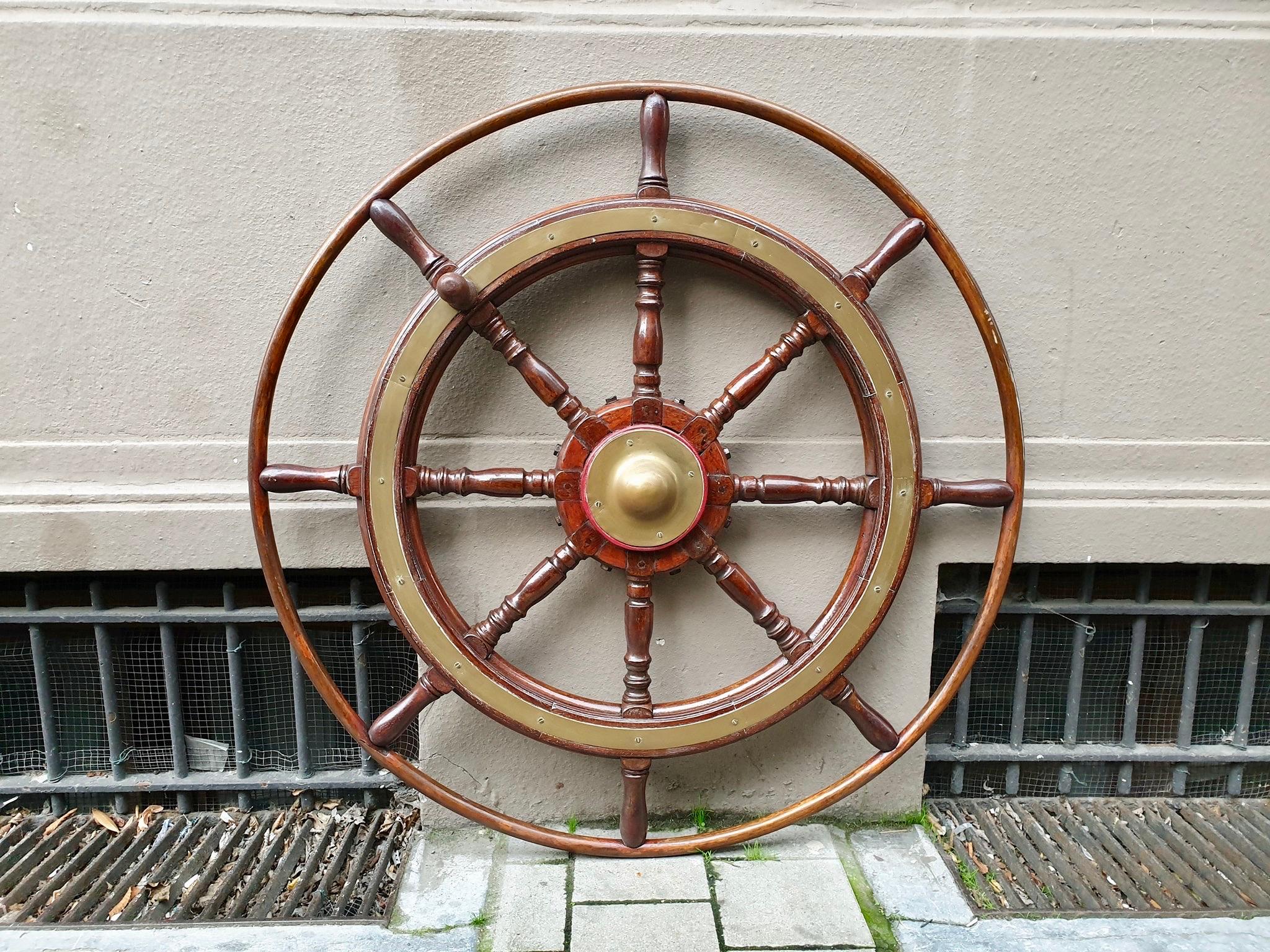 Hollywood Regency Large Antique Victorian Eight Spoke Mahogany and Brass Ships Steering Wheel
