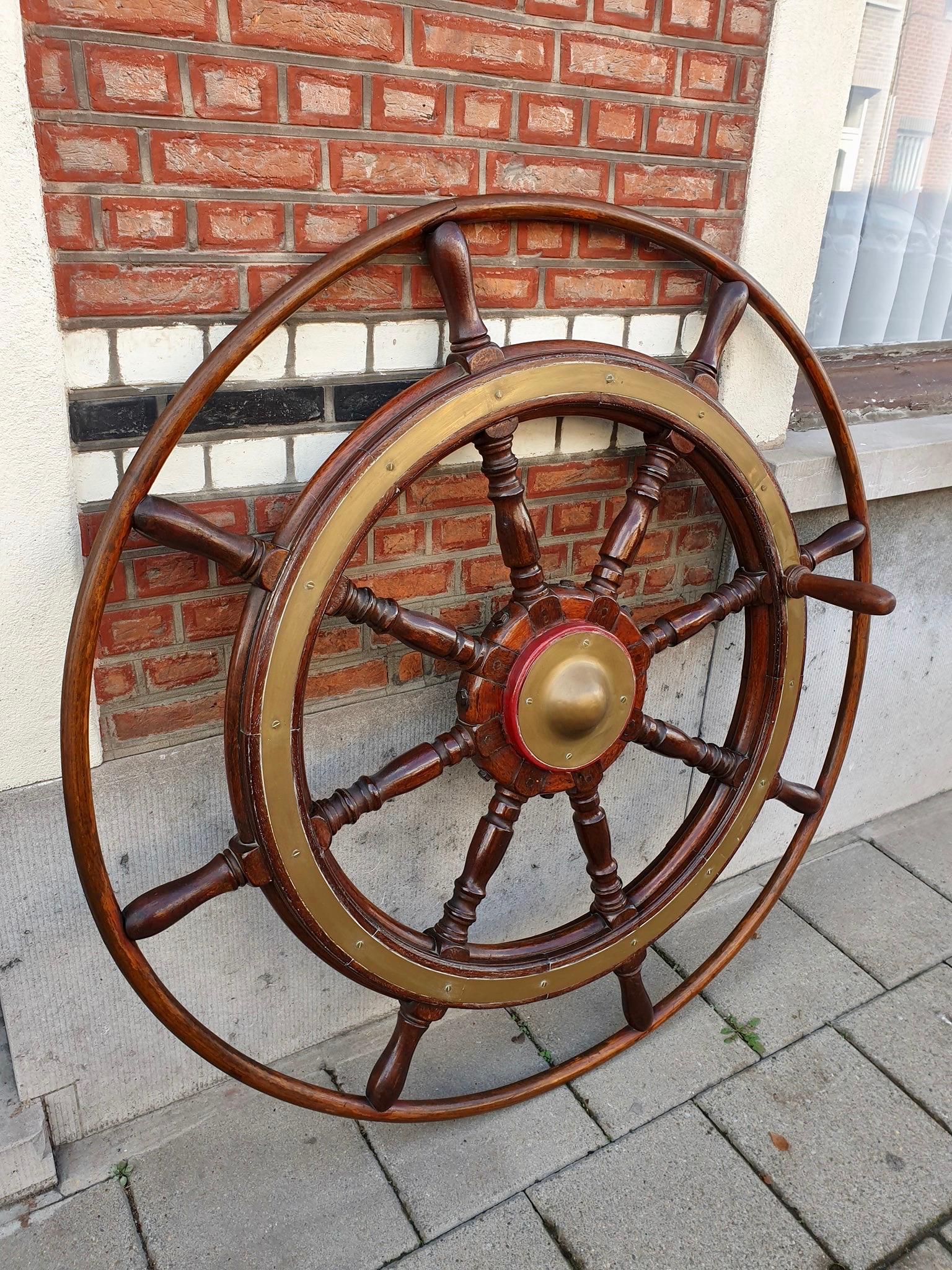 Large Antique Victorian Eight Spoke Mahogany and Brass Ships Steering Wheel 1