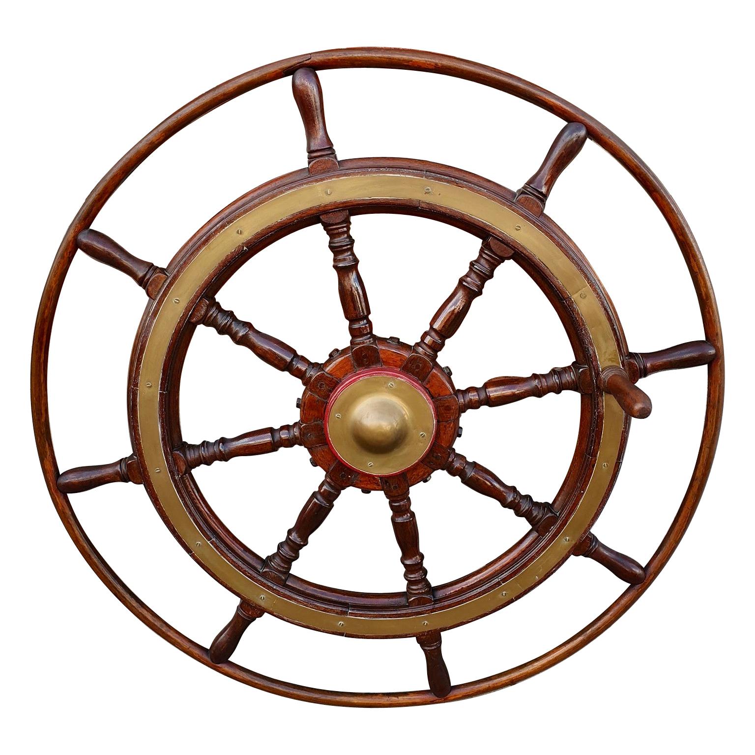 Large Antique Victorian Eight Spoke Mahogany and Brass Ships Steering Wheel