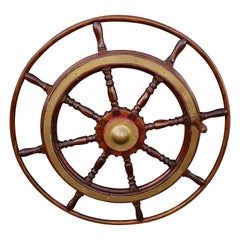 Large Used Victorian Eight Spoke Mahogany and Brass Ships Steering Wheel