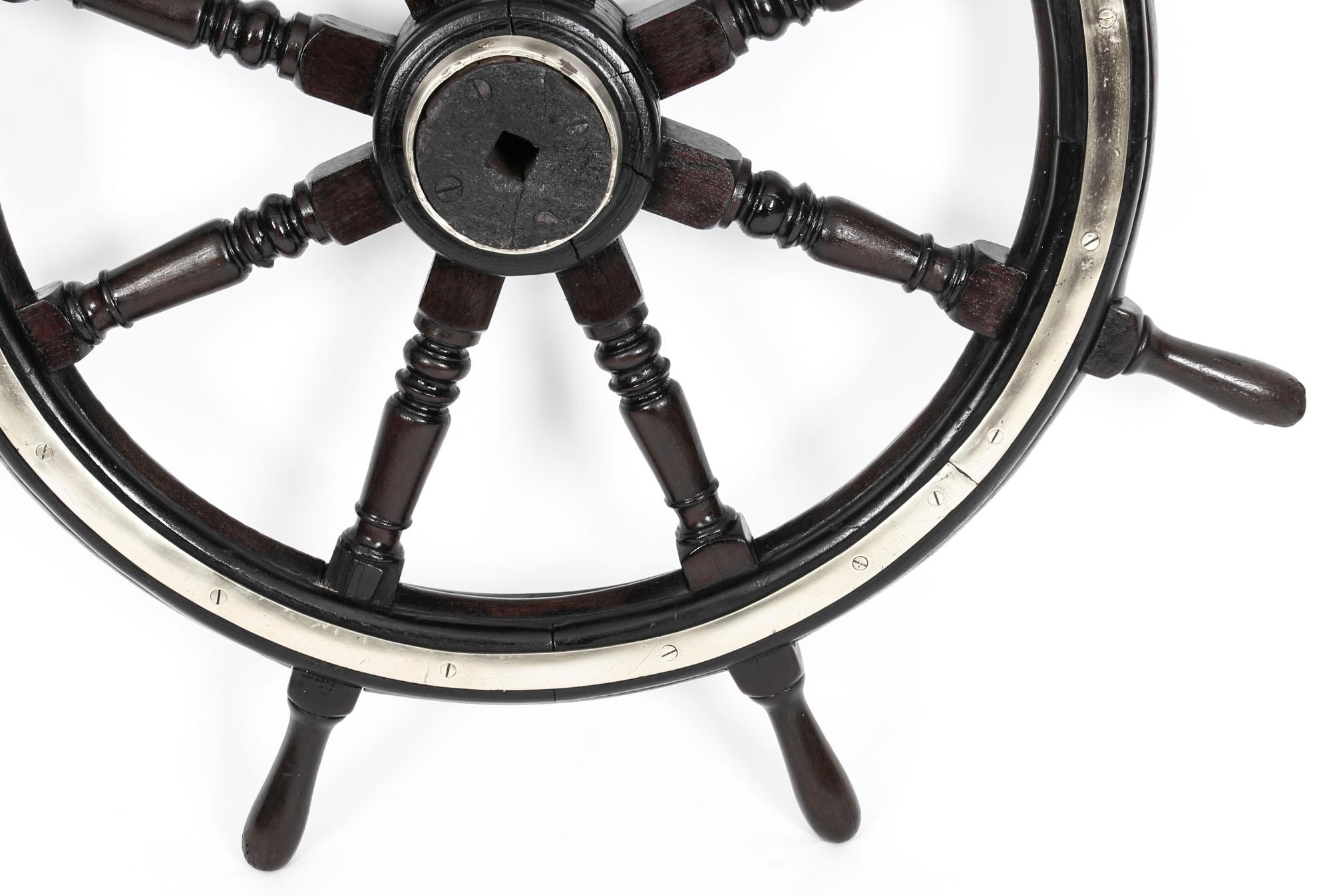 Antique Victorian Eight Spoke Mahogany and Brass Ships Wheel, 19th Century 1