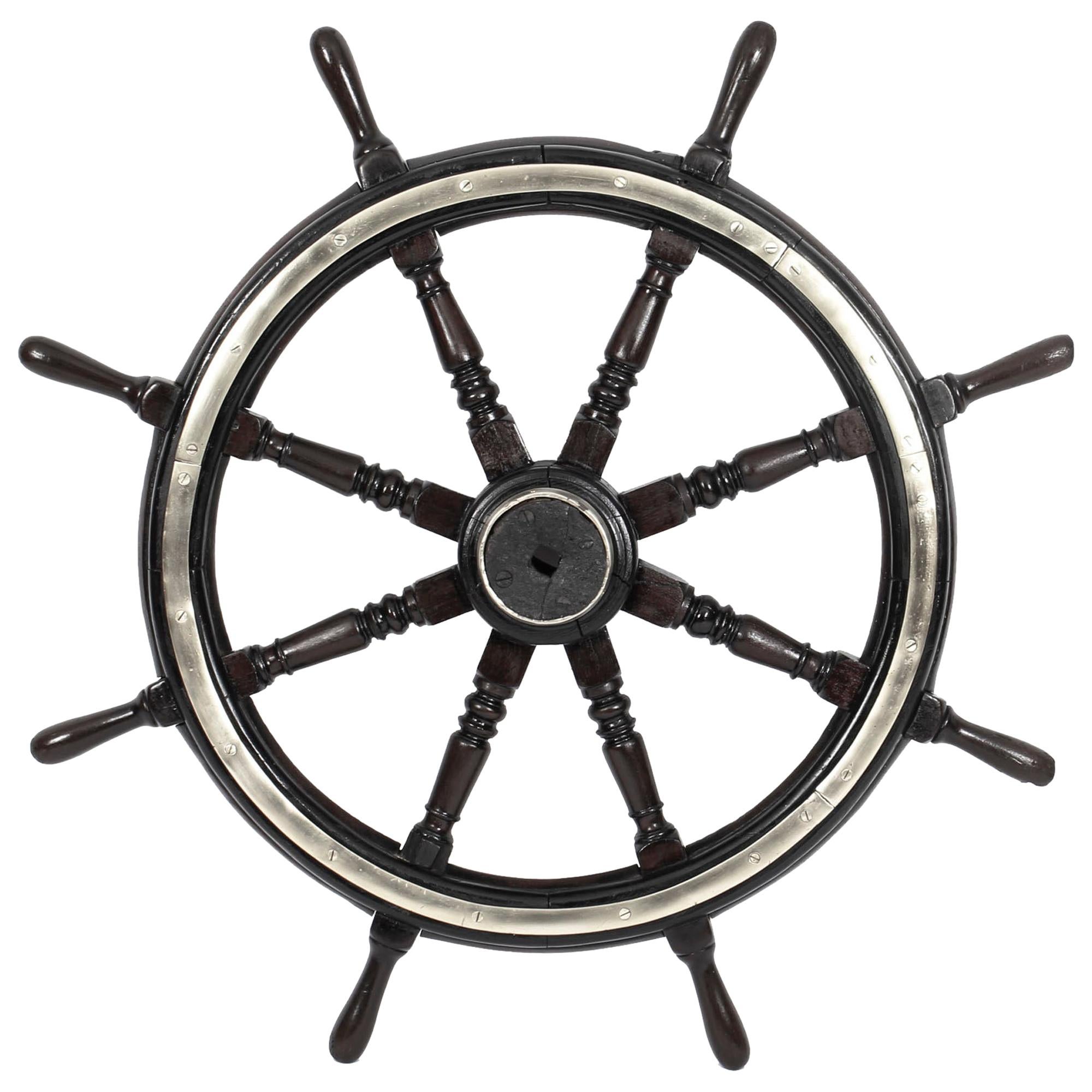 Antique Victorian Eight Spoke Mahogany and Brass Ships Wheel, 19th Century