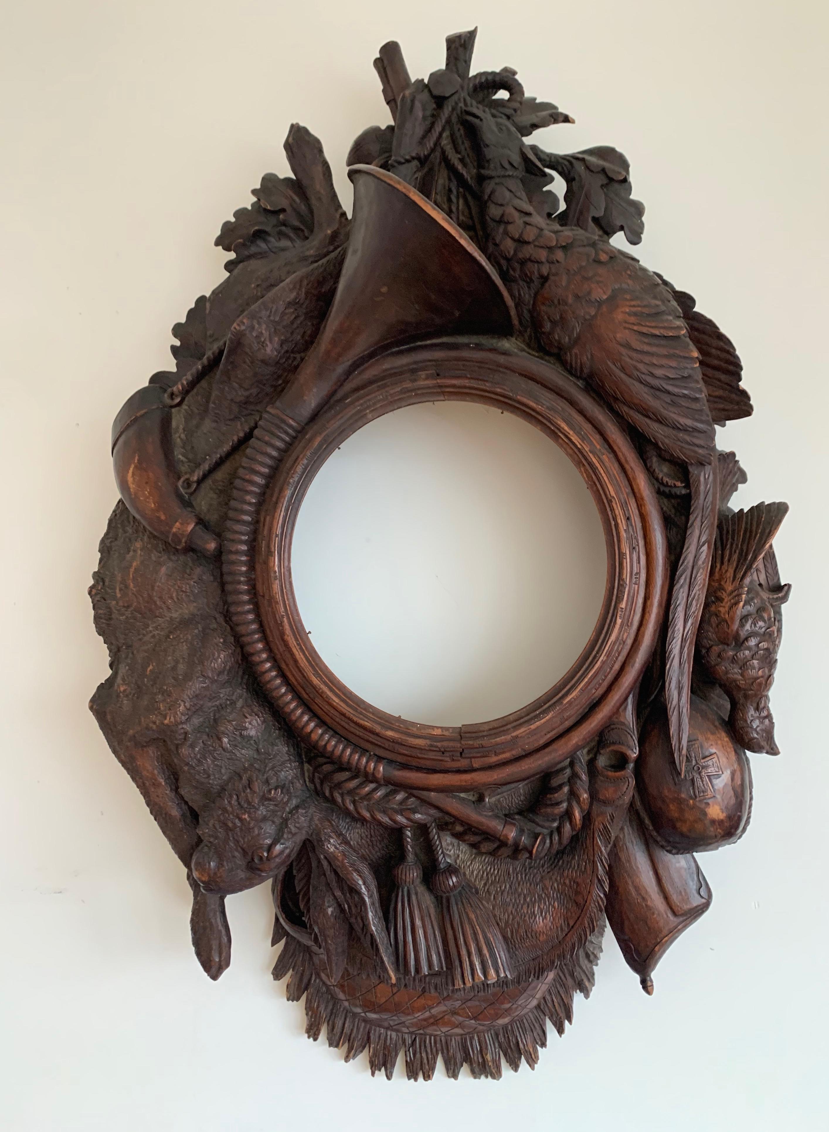 Incredible size and great quality black forest hunting plaque for wall mounting.

This rare size and all hand-carved, solid nutwood game plaque from the second half of the 19th century is of amazing quality and beauty. If you look at the back (in