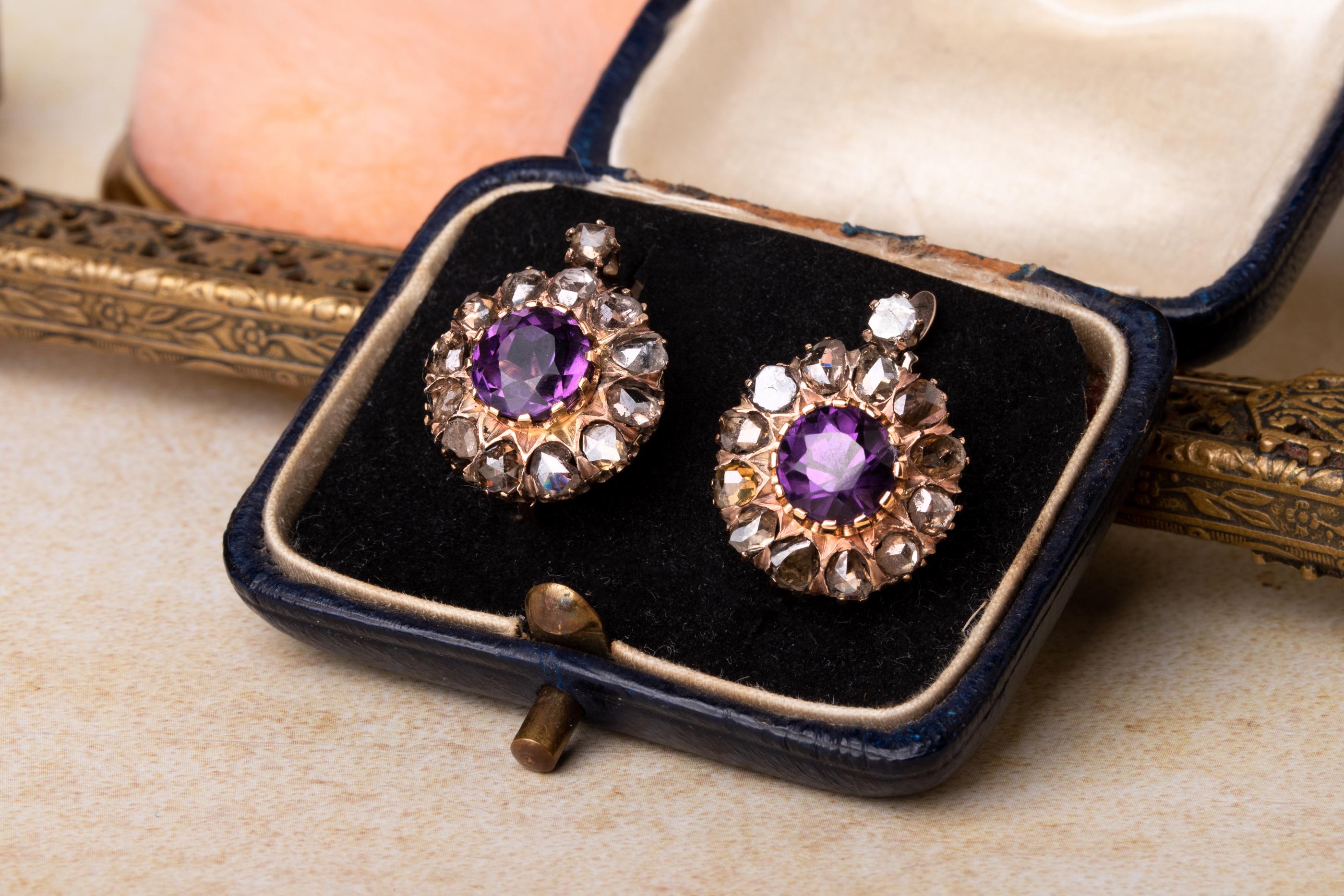 Large Antique Victorian Flower Rose Cut Diamonds Earrings, Antique Earrings 1