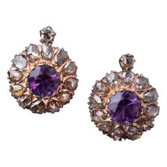 Large Antique Victorian Flower Rose Cut Diamonds Earrings, Antique Earrings