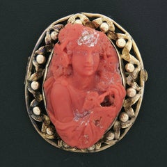 Large Antique Victorian GIA Carved Red Coral Cameo w/ 14k Gold Open Frame Brooch