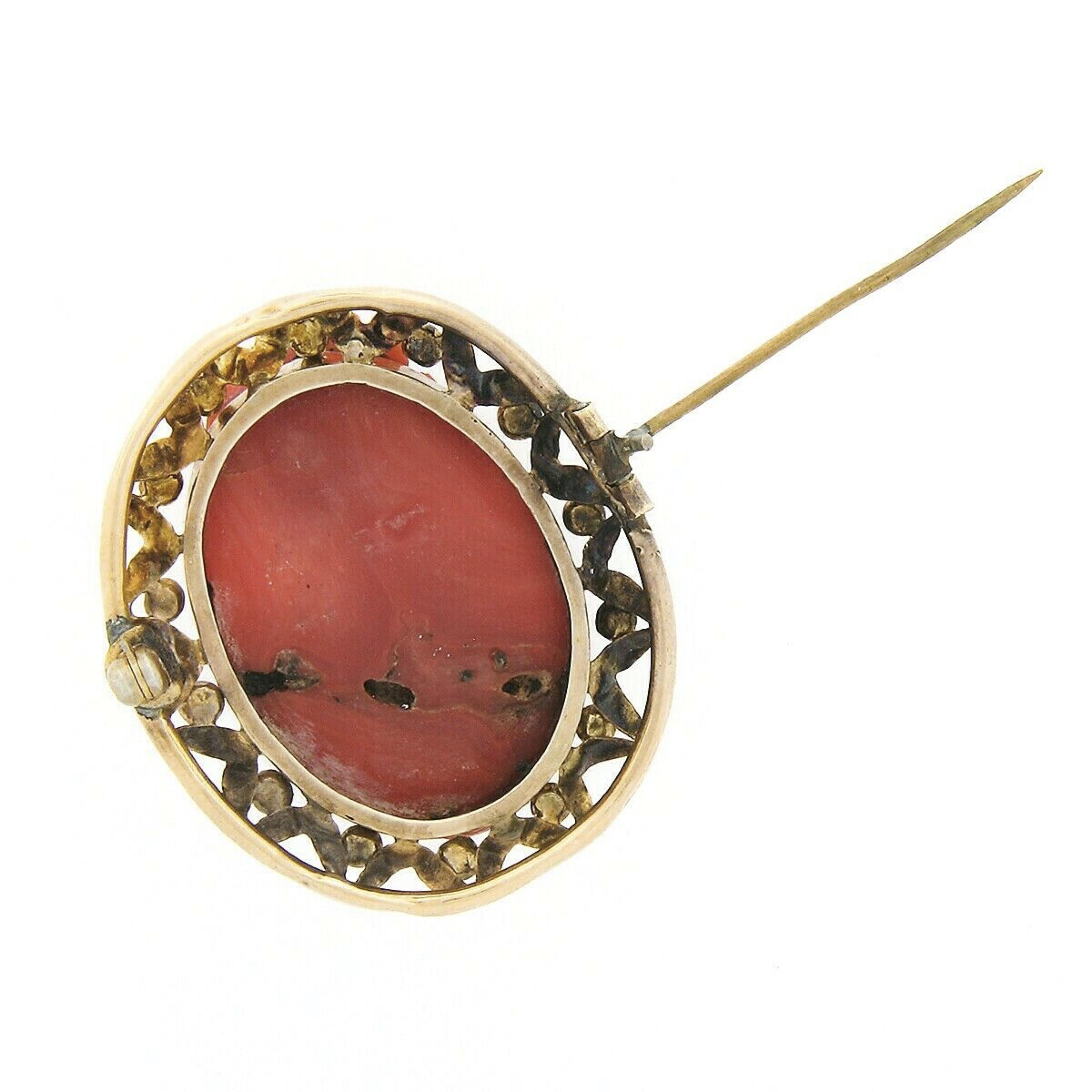 Oval Cut Large Antique Victorian GIA Carved Red Coral Cameo w/ 14k Gold Open Frame Brooch For Sale