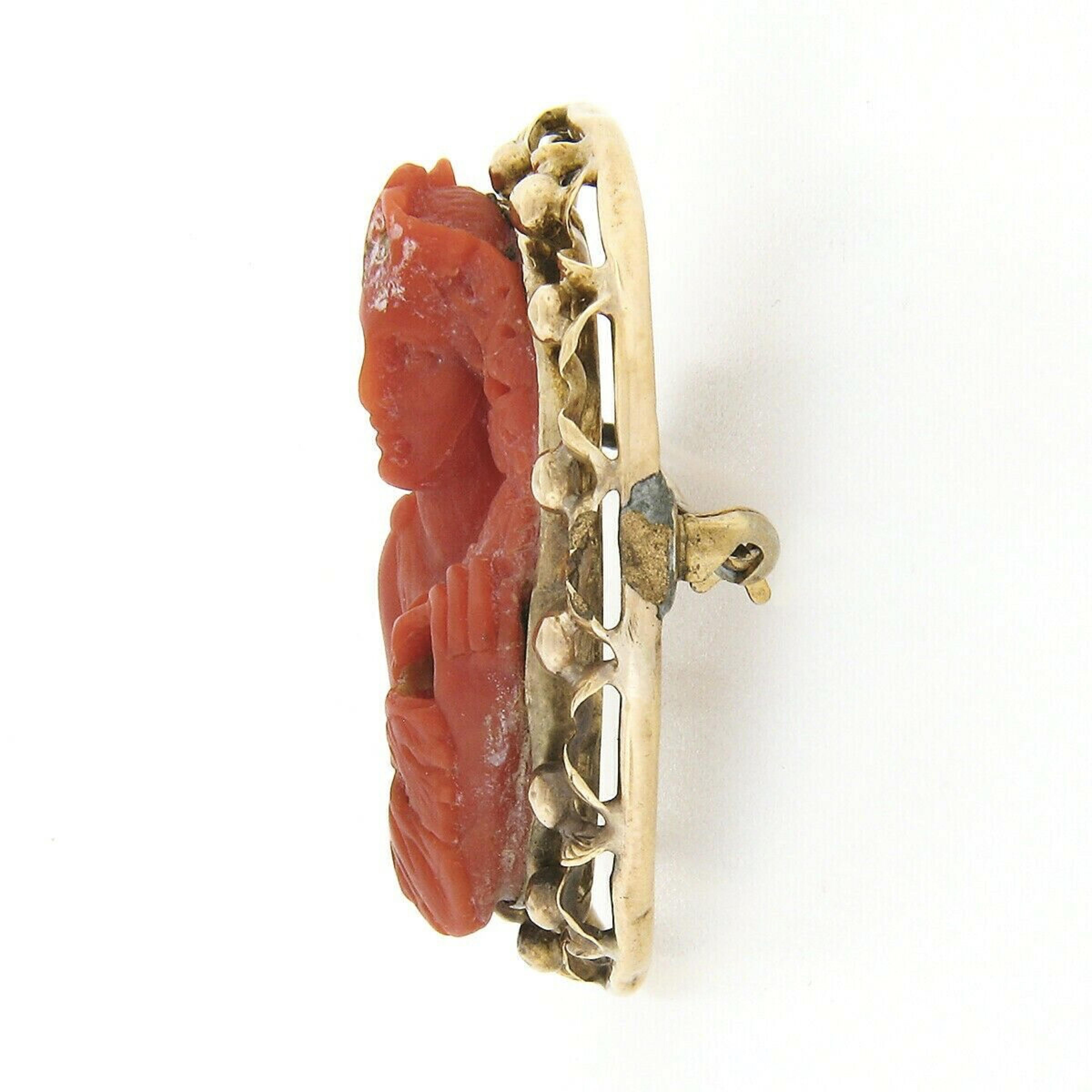 Large Antique Victorian GIA Carved Red Coral Cameo w/ 14k Gold Open Frame Brooch In Fair Condition For Sale In Montclair, NJ