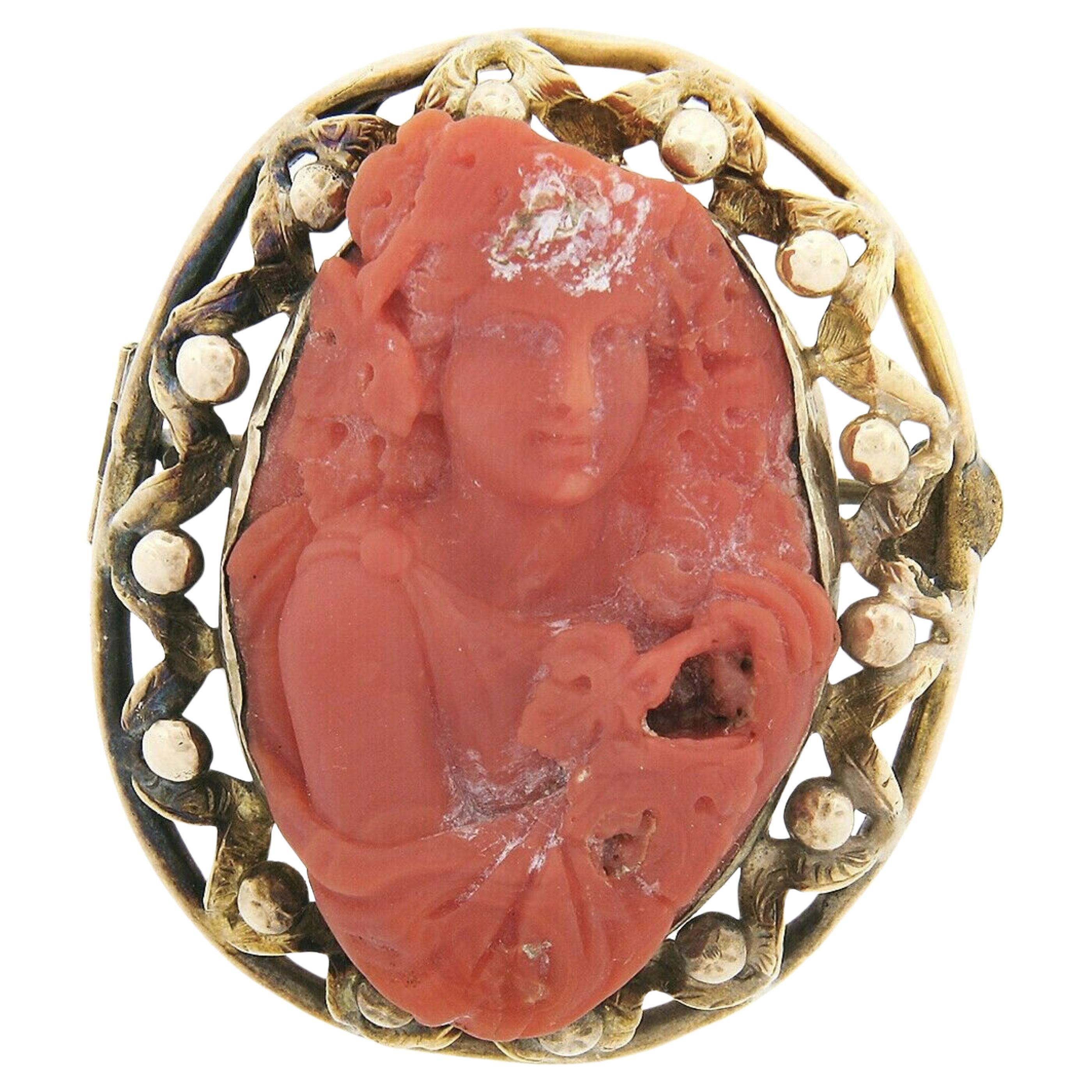 Large Antique Victorian GIA Carved Red Coral Cameo w/ 14k Gold Open Frame Brooch For Sale