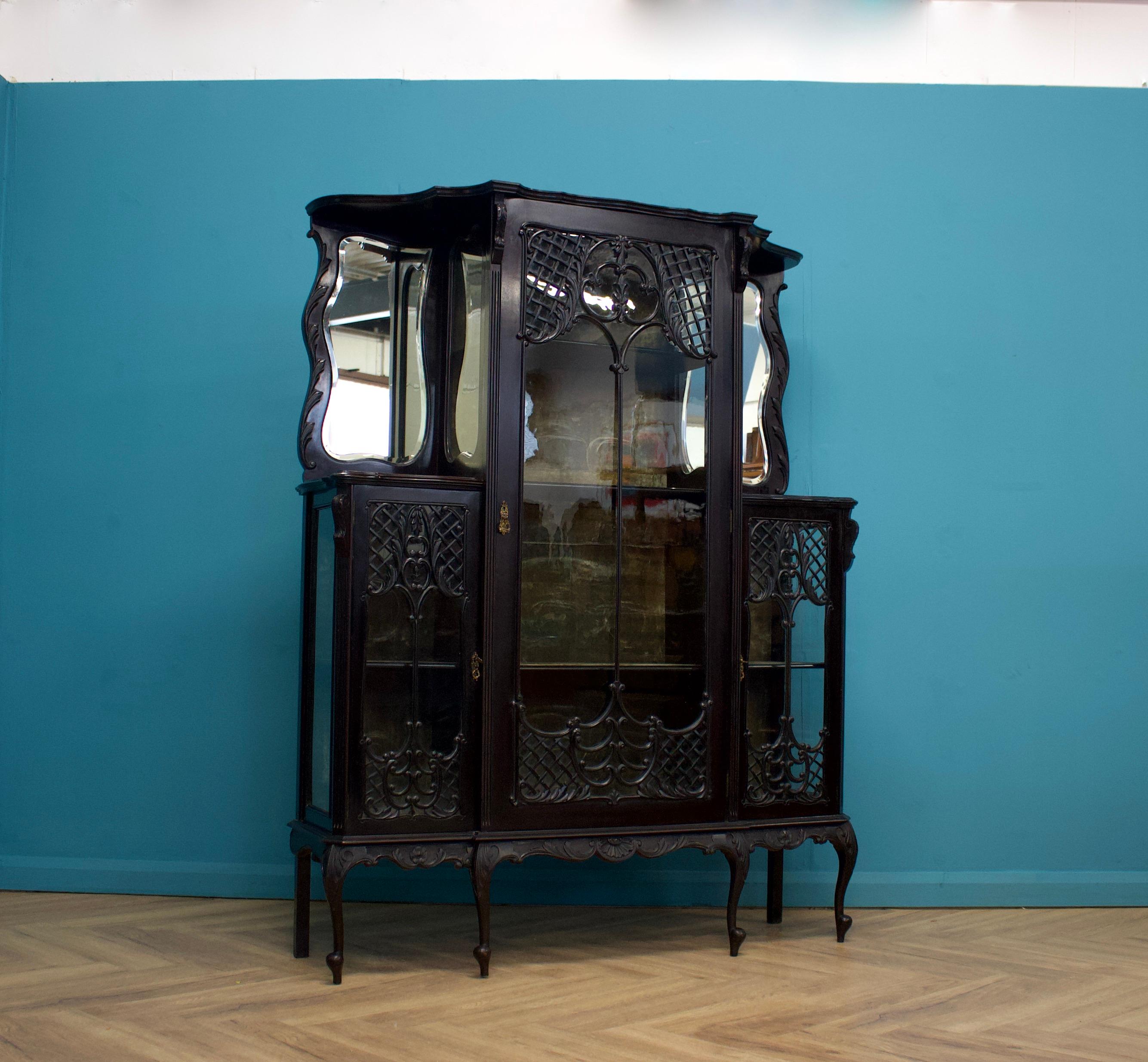 Woodwork Large Antique Victorian Gothic Ebonised China Display Cabinet, 1870s