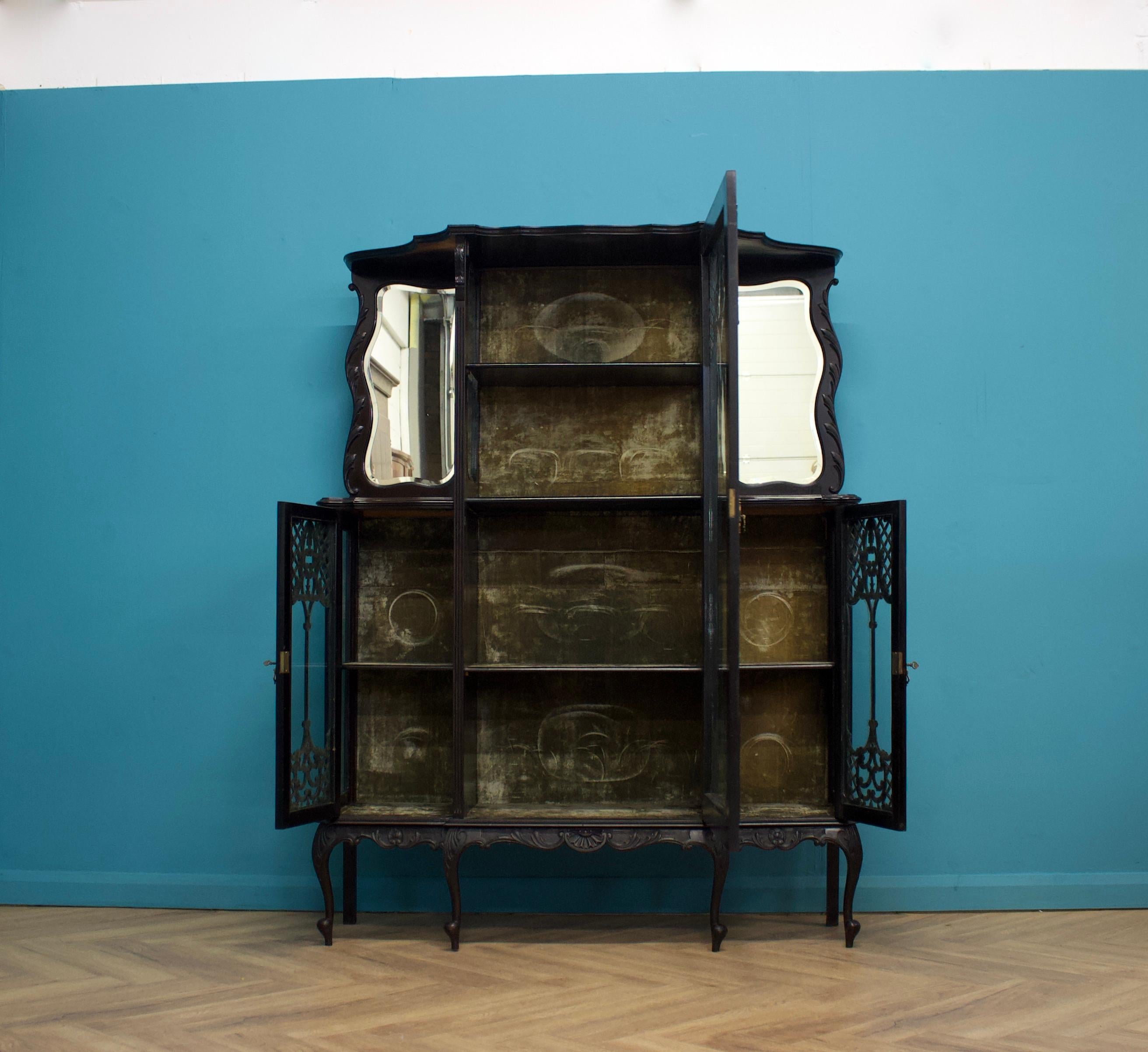 Large Antique Victorian Gothic Ebonised China Display Cabinet, 1870s In Good Condition In South Shields, GB