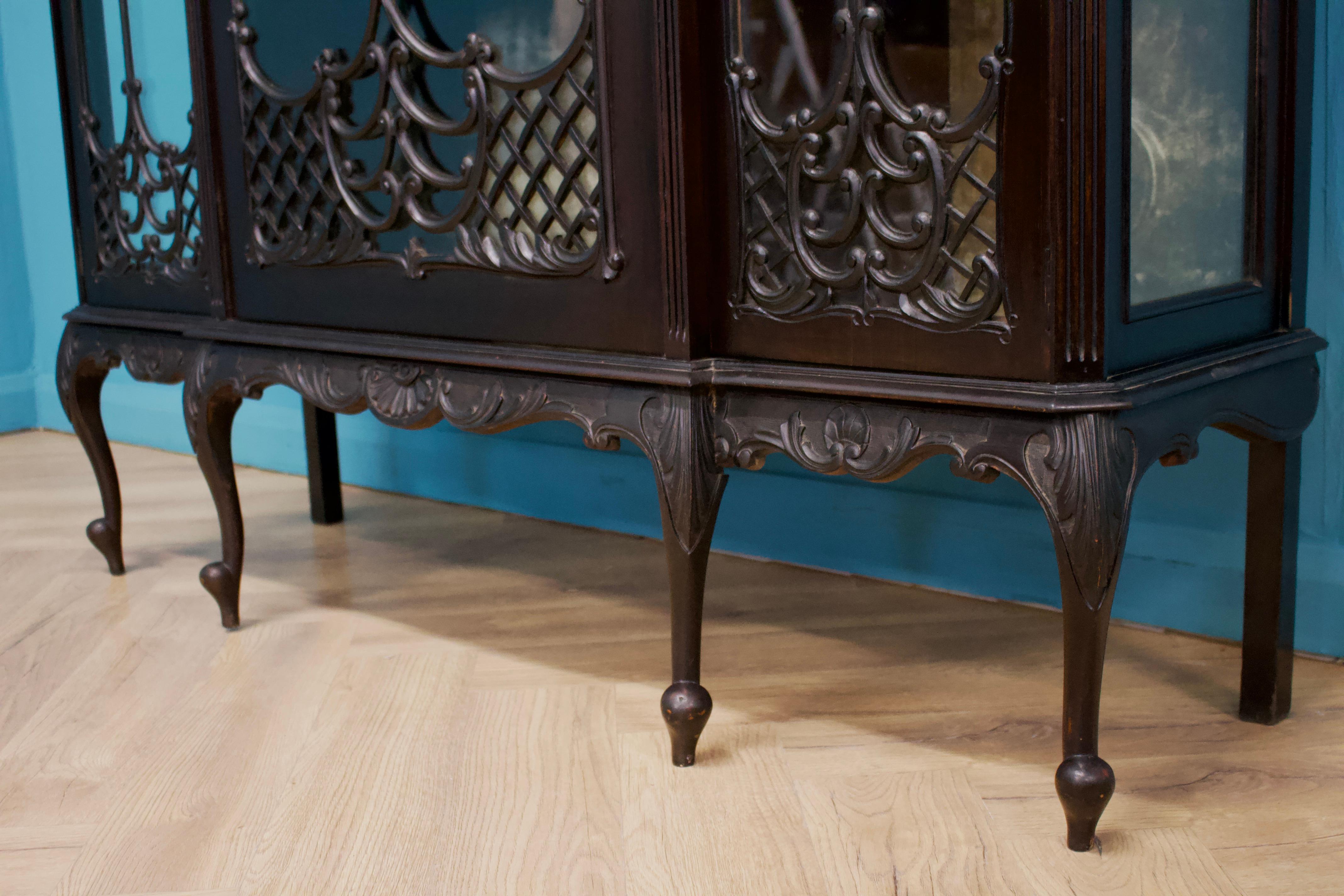 Late 19th Century Large Antique Victorian Gothic Ebonised China Display Cabinet, 1870s