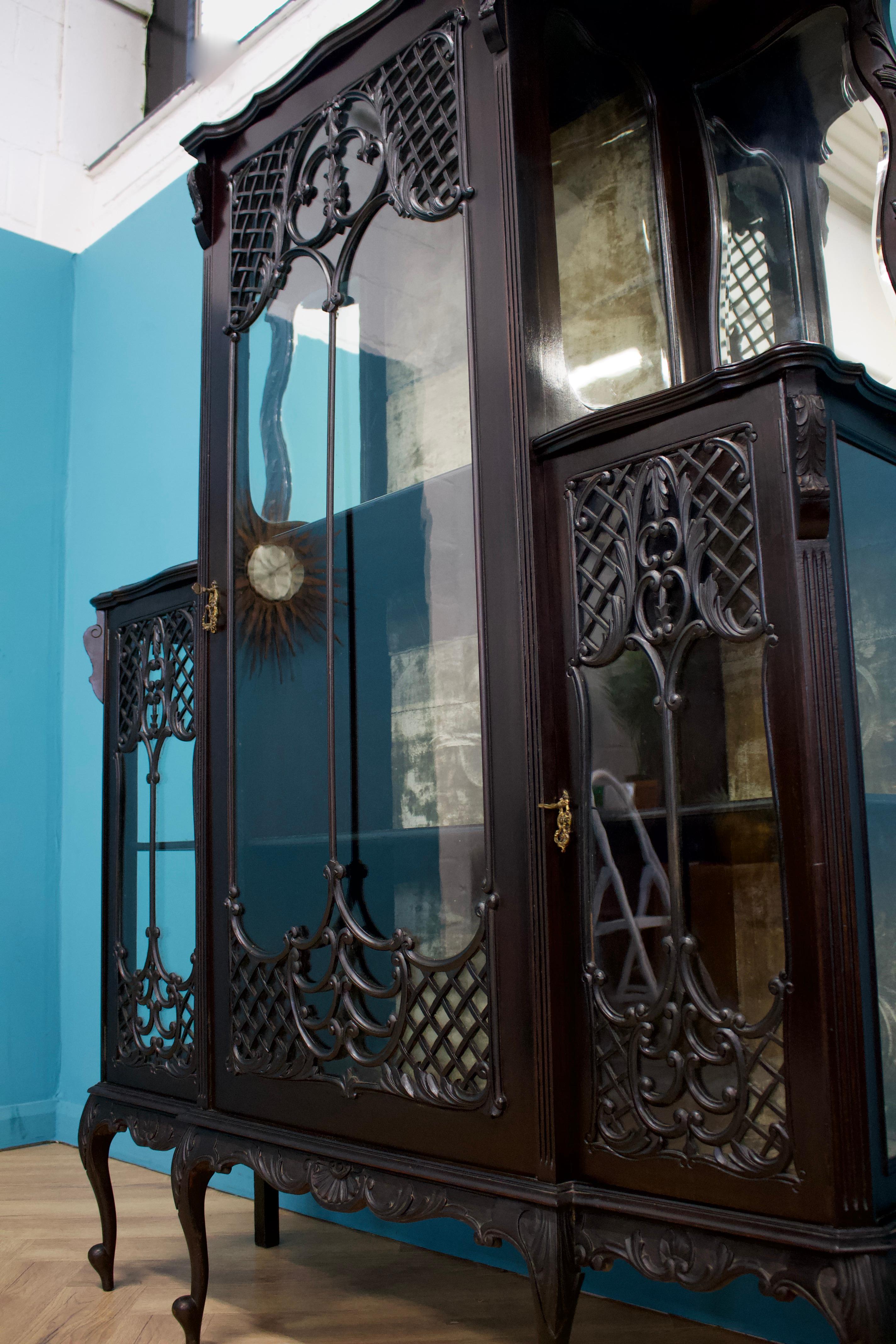 Wood Large Antique Victorian Gothic Ebonised China Display Cabinet, 1870s