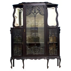 Grand vitrine gothique victorienne ancienne en Chine ébénisée, années 1870