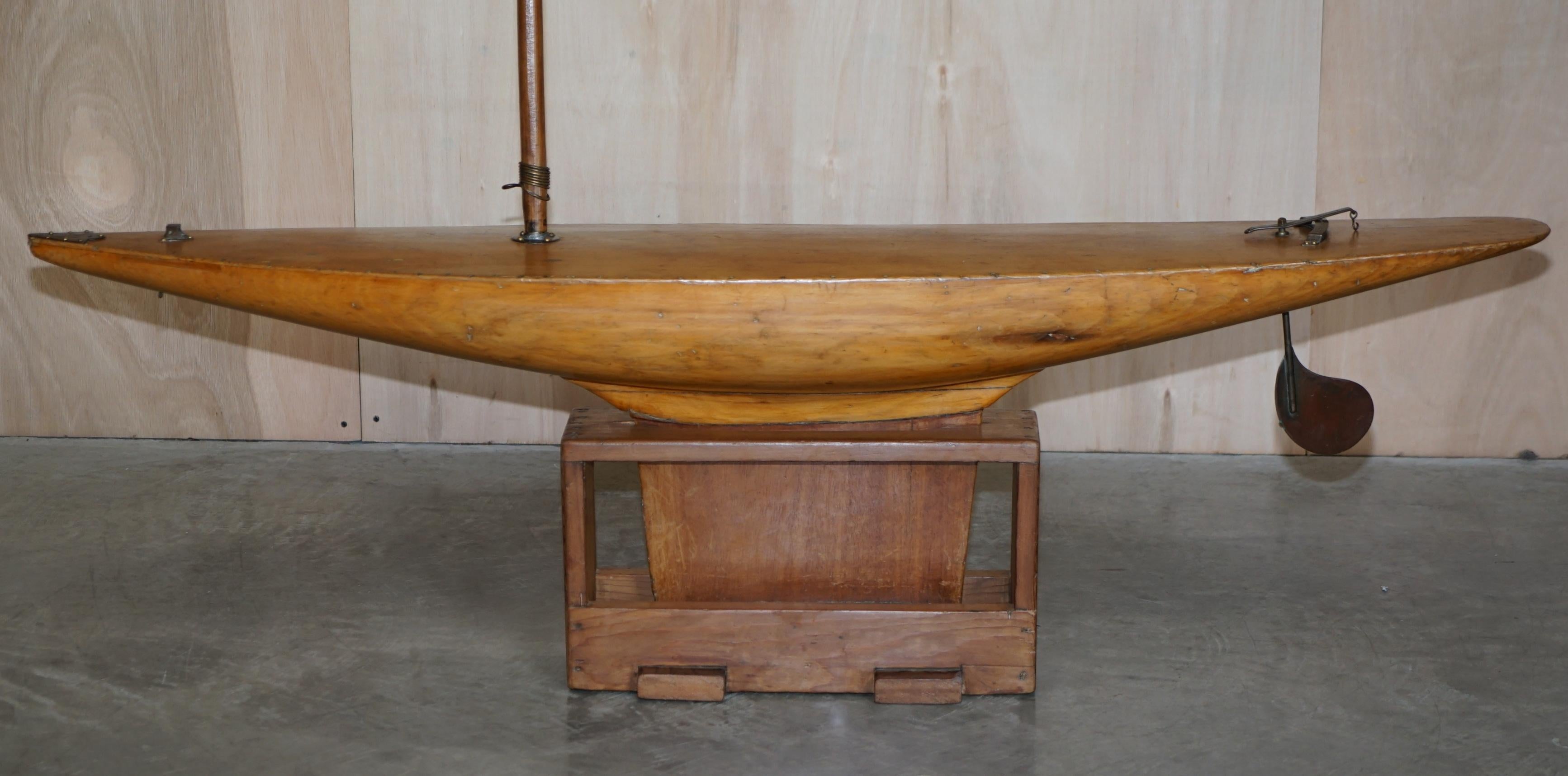 Large Antique Victorian Hand Made in England Pond Yacht with Original Oak Stand For Sale 13