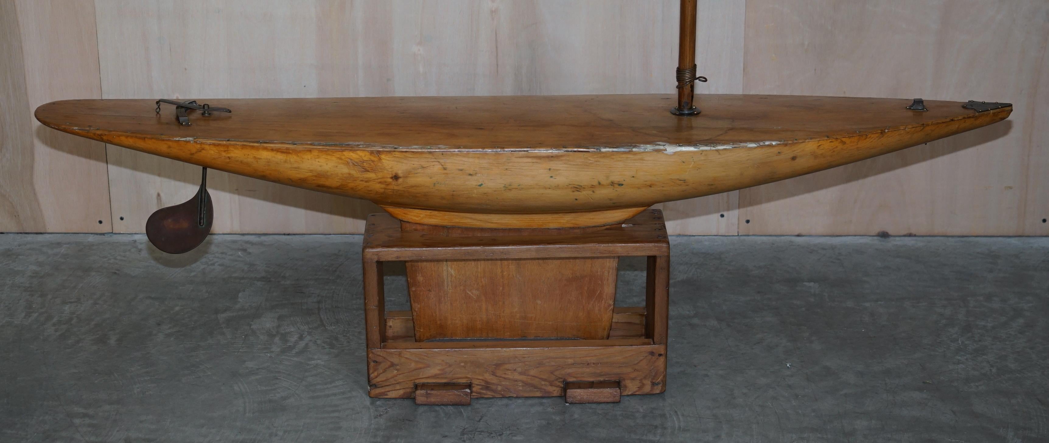 English Large Antique Victorian Hand Made in England Pond Yacht with Original Oak Stand For Sale