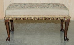 Large Antique Victorian Oak Cabriole Legged Footstool Embroidered Upholstery