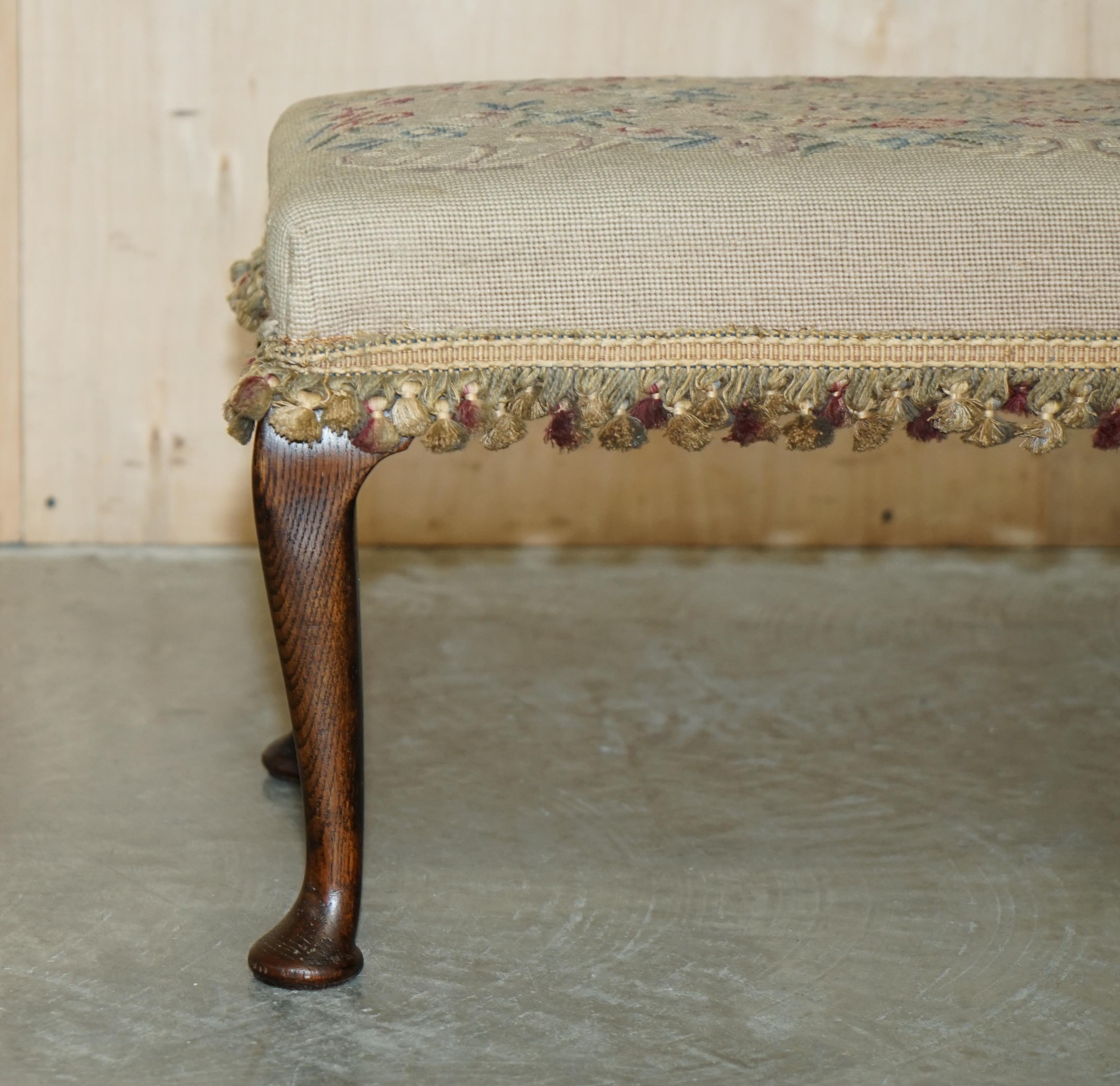 English Large Antique Victorian Oak Cabriole Legged Footstool Embroidered Upholstery For Sale