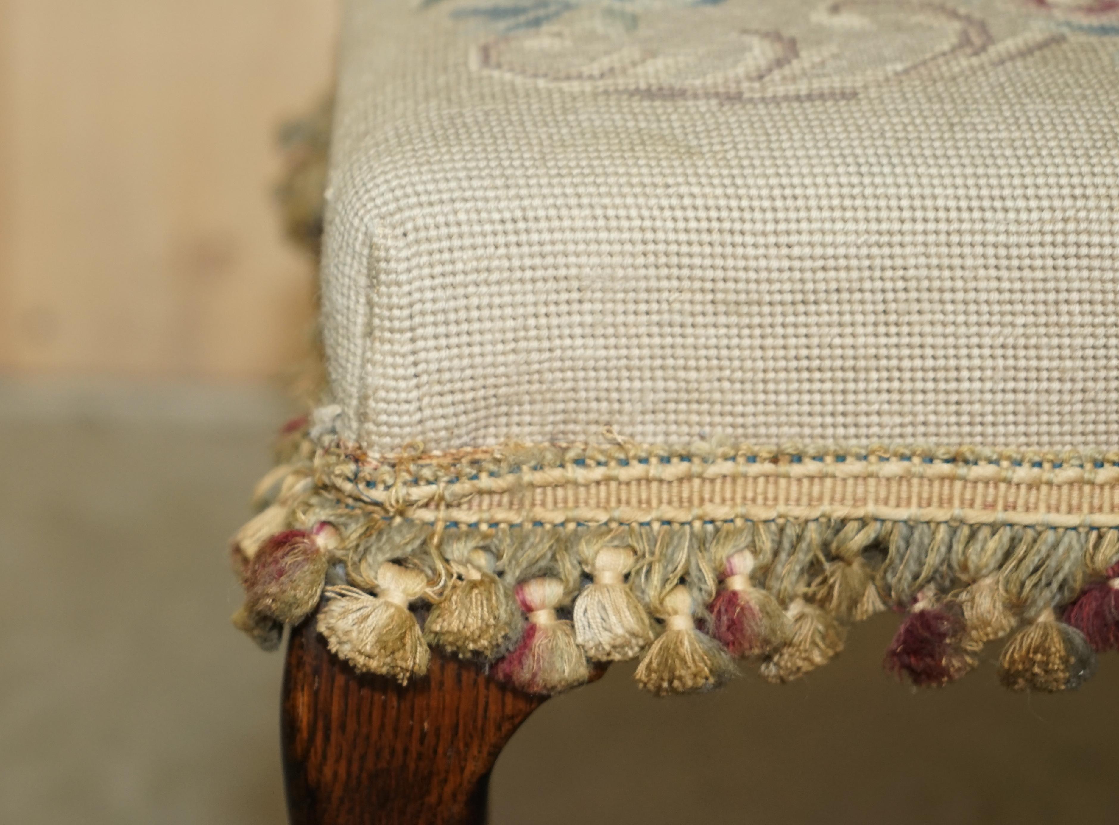 Late 19th Century Large Antique Victorian Oak Cabriole Legged Footstool Embroidered Upholstery For Sale