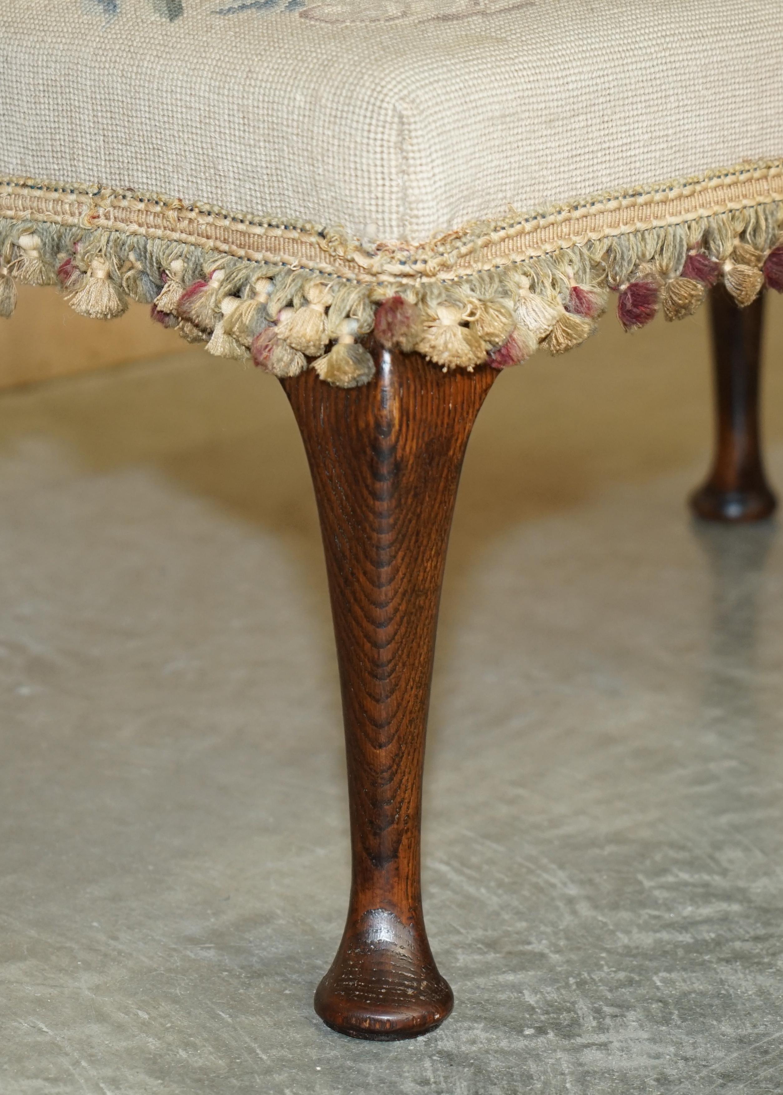 Large Antique Victorian Oak Cabriole Legged Footstool Embroidered Upholstery For Sale 1