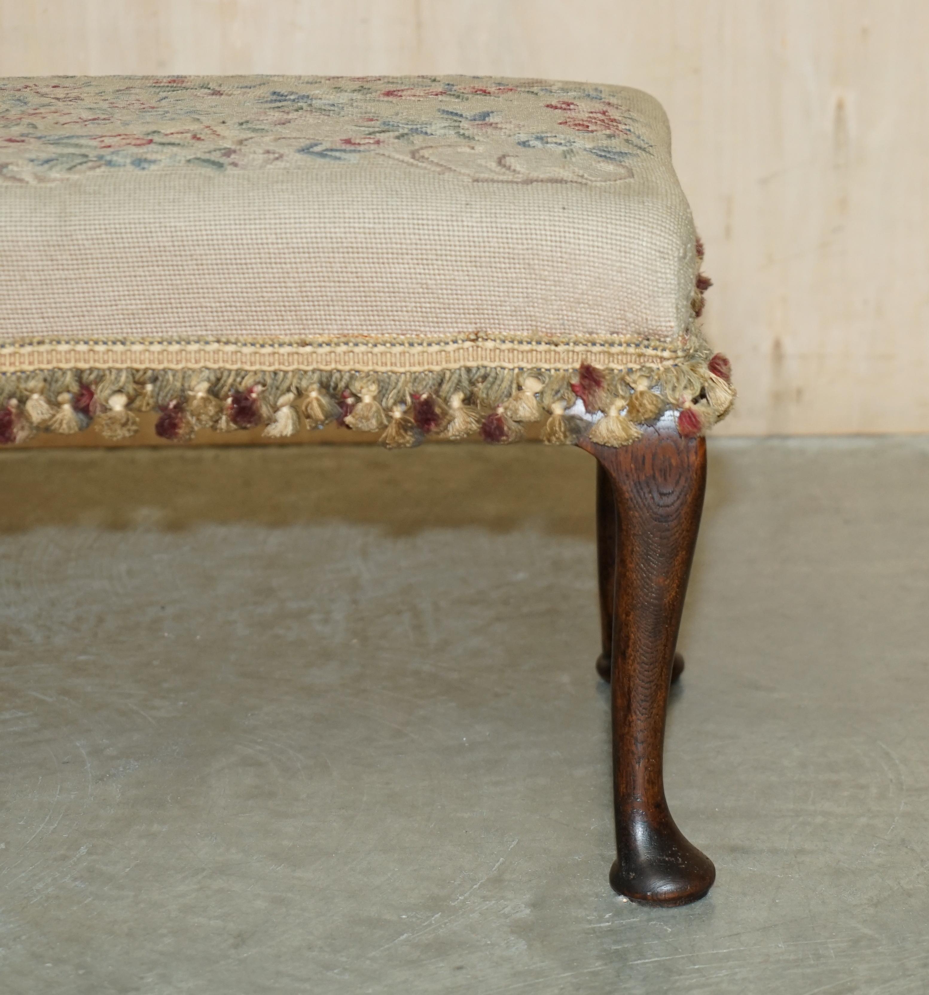 Large Antique Victorian Oak Cabriole Legged Footstool Embroidered Upholstery For Sale 2