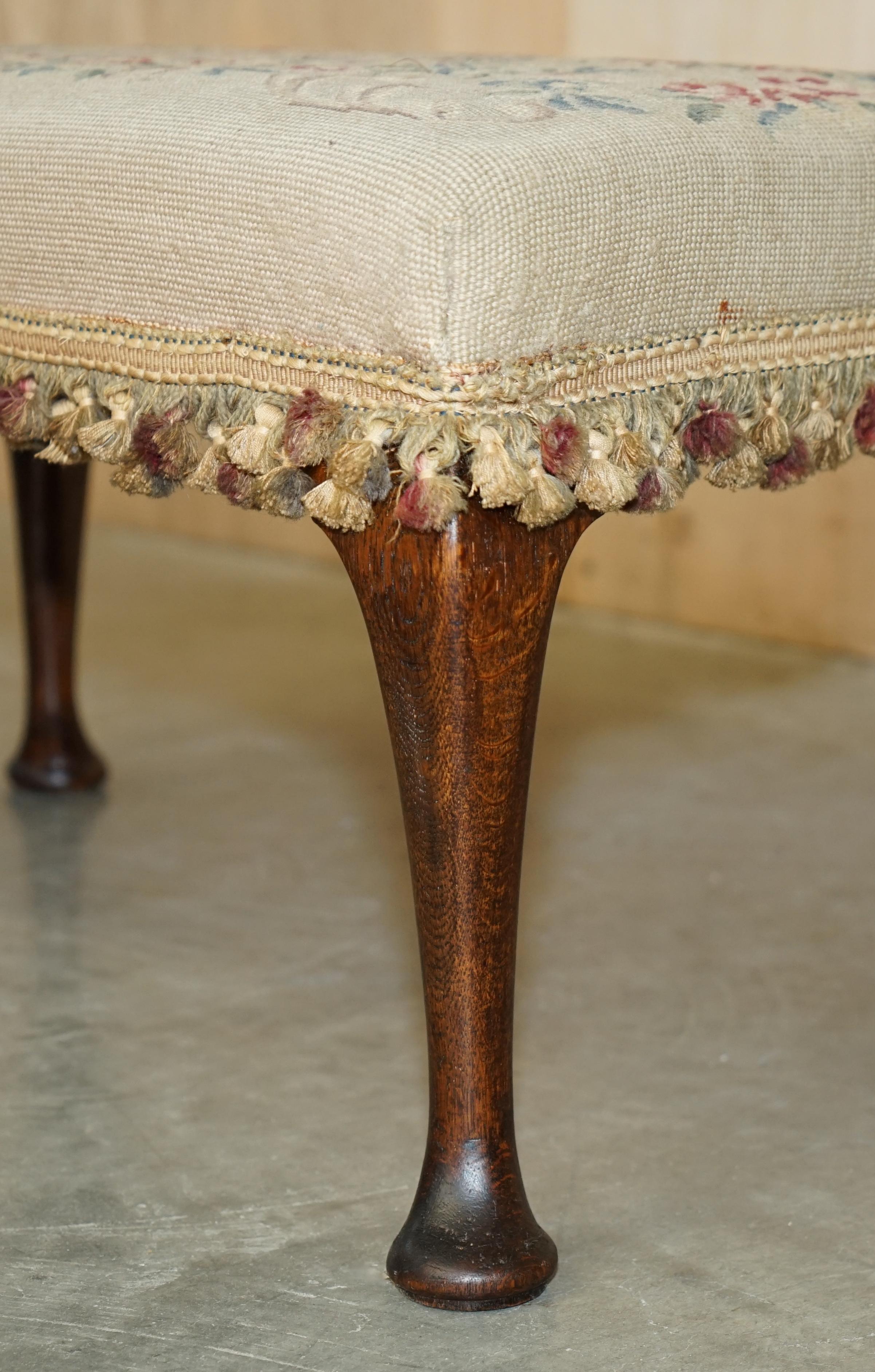 Large Antique Victorian Oak Cabriole Legged Footstool Embroidered Upholstery For Sale 4