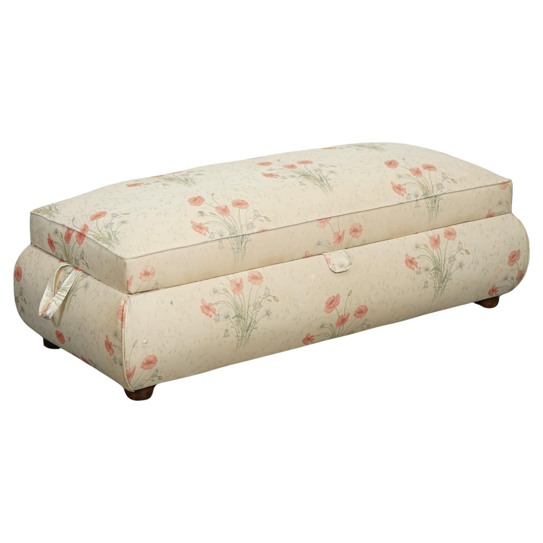 LARGE ANTIQUE VICTORIAN POPPY FLOWER PATTERN FABRiC OTTOMAN CHEST TRUNK  J1