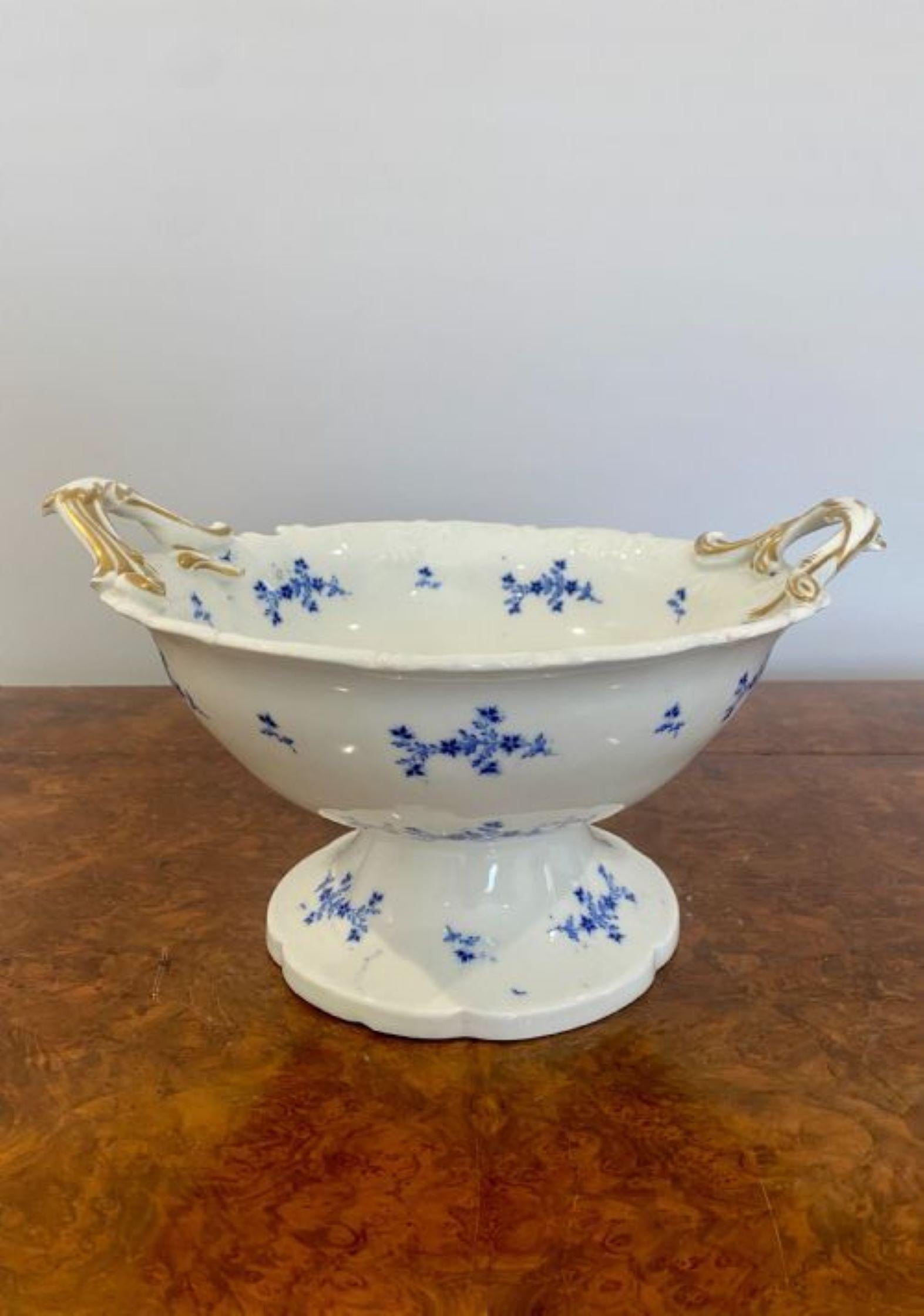 Large antique Victorian quality blue and white fruit bowl having a large quality Victorian hand painted fruit bowl with blue, white and gold decoration and shaped gilded handles 