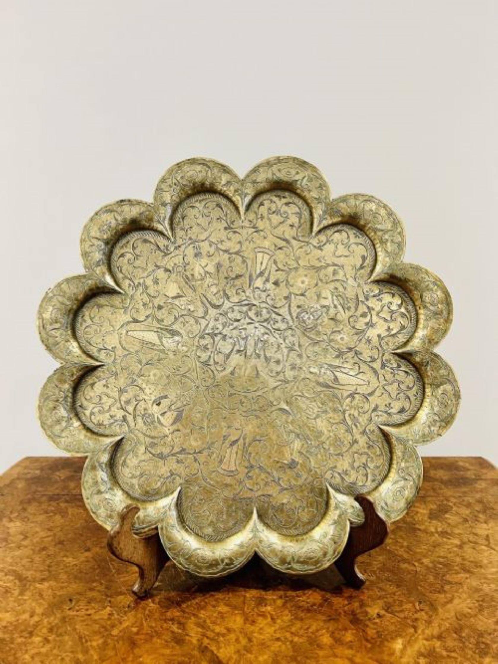 Large antique Victorian quality brass engraved tray having a large antique quality brass tray with fantastic engraved decoration 