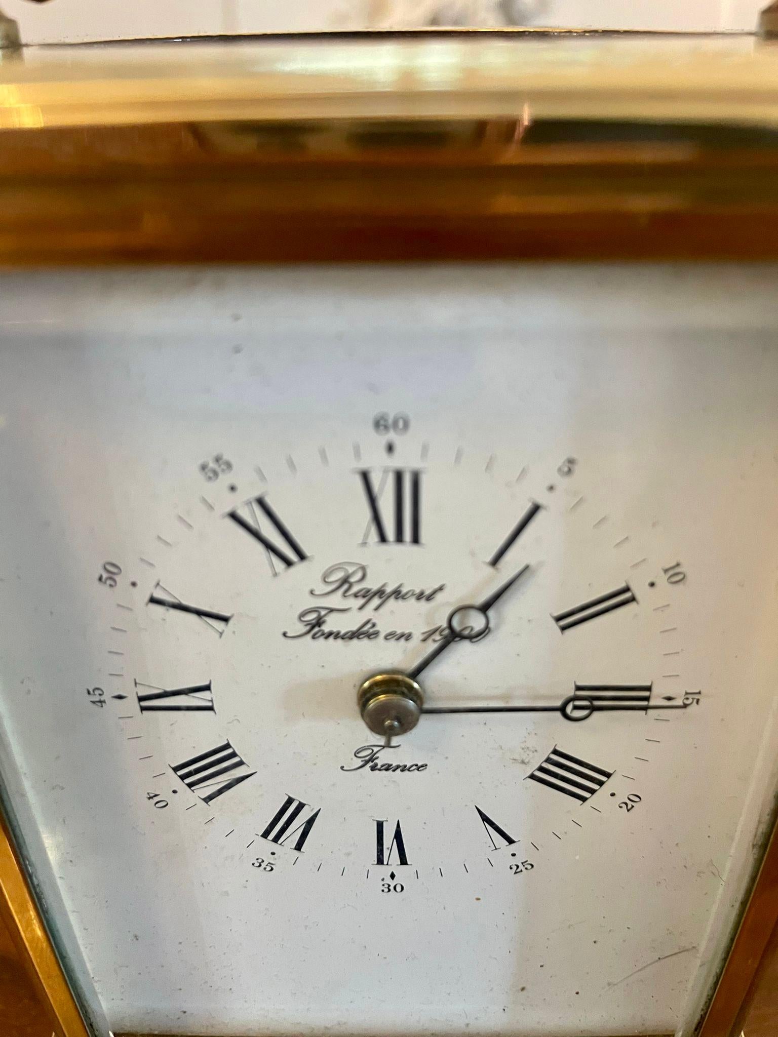 Large antique Victorian quality brass striking carriage clock having a quality brass and bevelled edge glass carriage clock with an enamel dial with Roman numerals, 8 day striking movement, in good working order with original