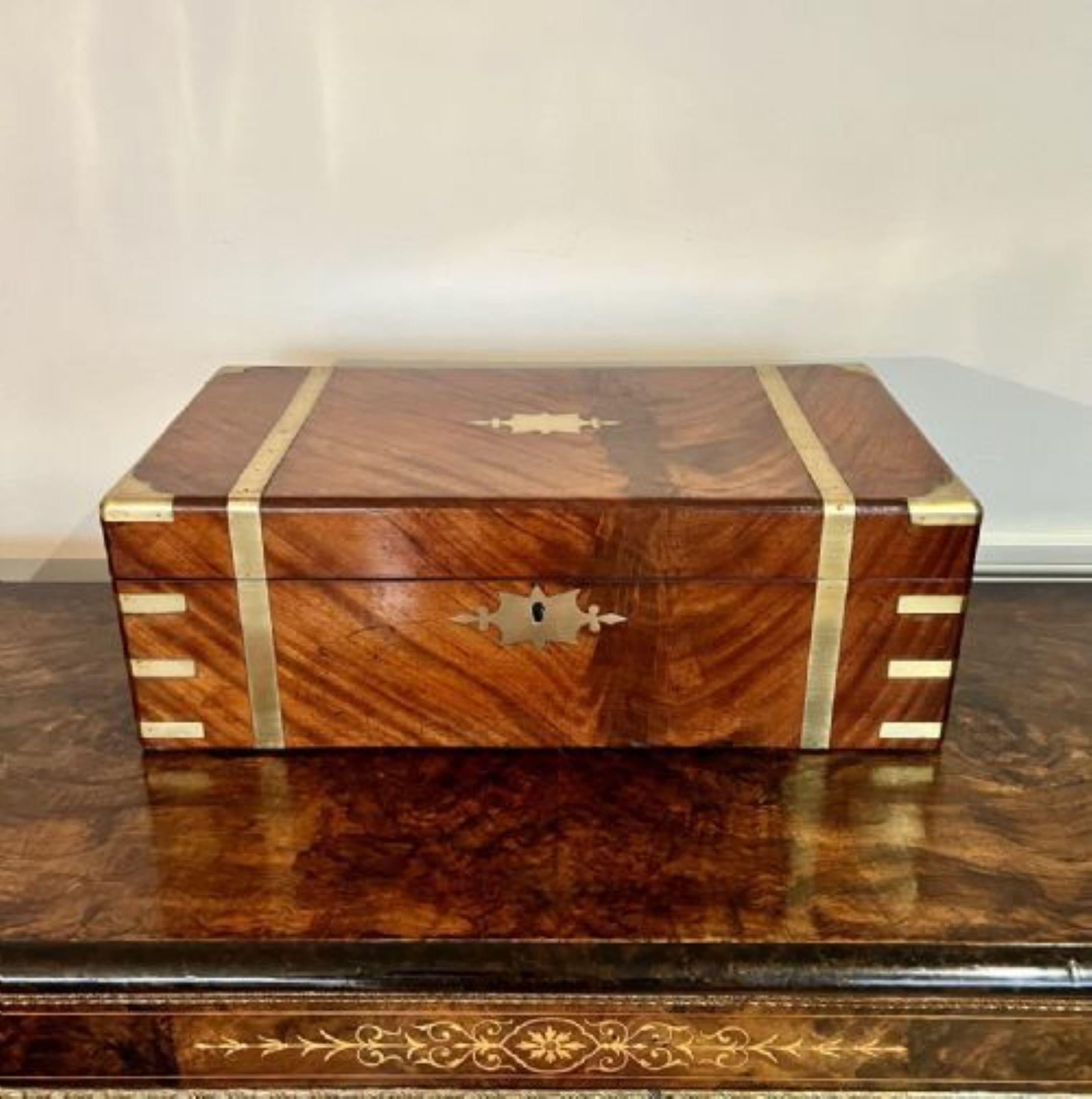 Large antique Victorian quality burr walnut and brass bound writing box For Sale 1