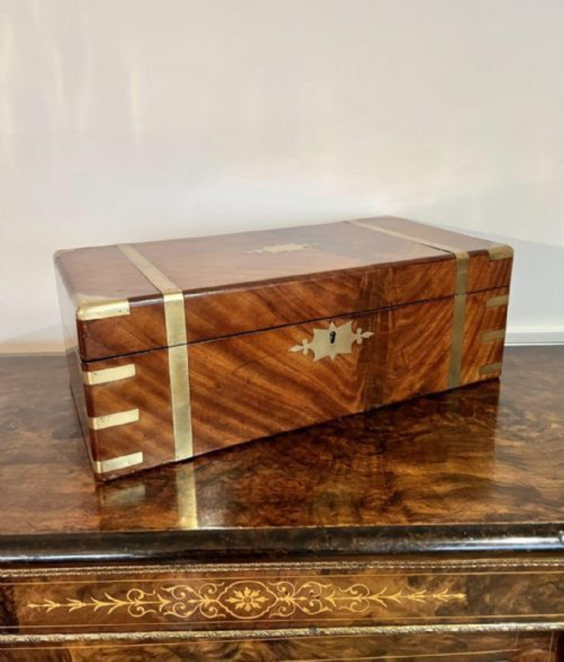 Large antique Victorian quality burr walnut and brass bound writing box For Sale 2