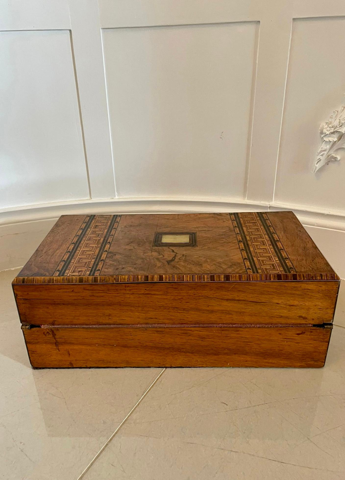 Large Antique Victorian Quality Burr Walnut Parquetry Inlaid Writing Box 6