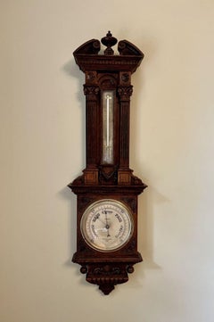 Large antique Victorian quality carved oak aneroid barometer