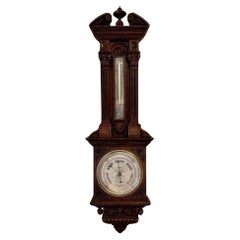 Large antique Victorian quality carved oak aneroid barometer
