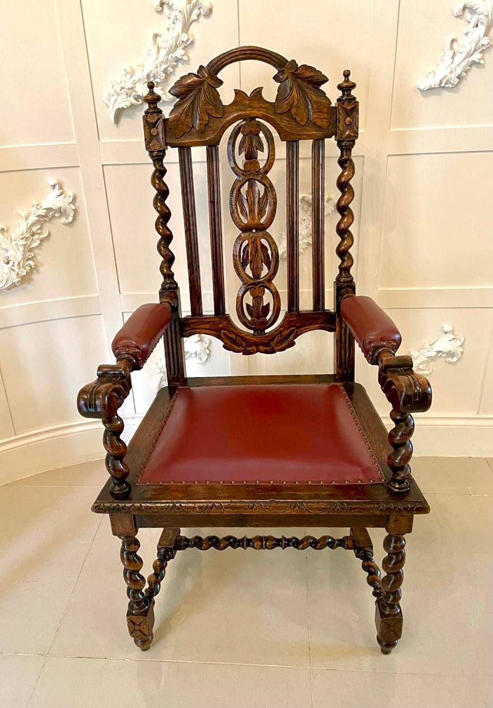 Large Antique Victorian Quality Carved Oak Armchair For Sale 5