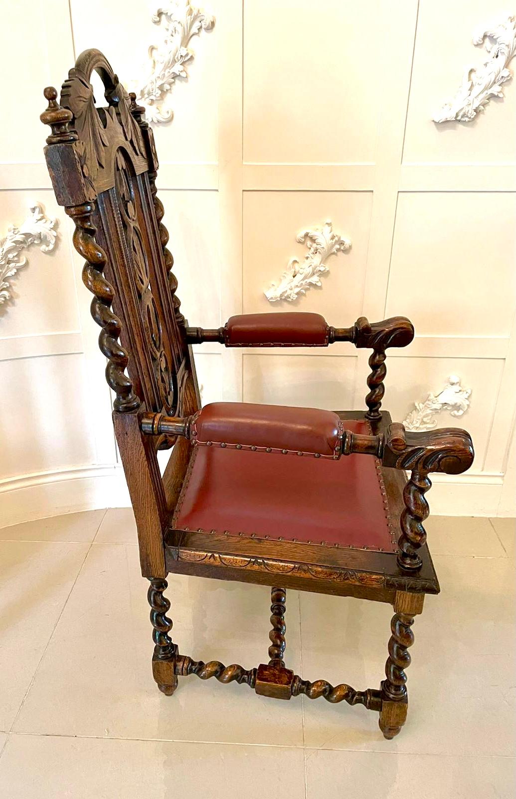 Large Antique Victorian Quality Carved Oak Armchair For Sale 7
