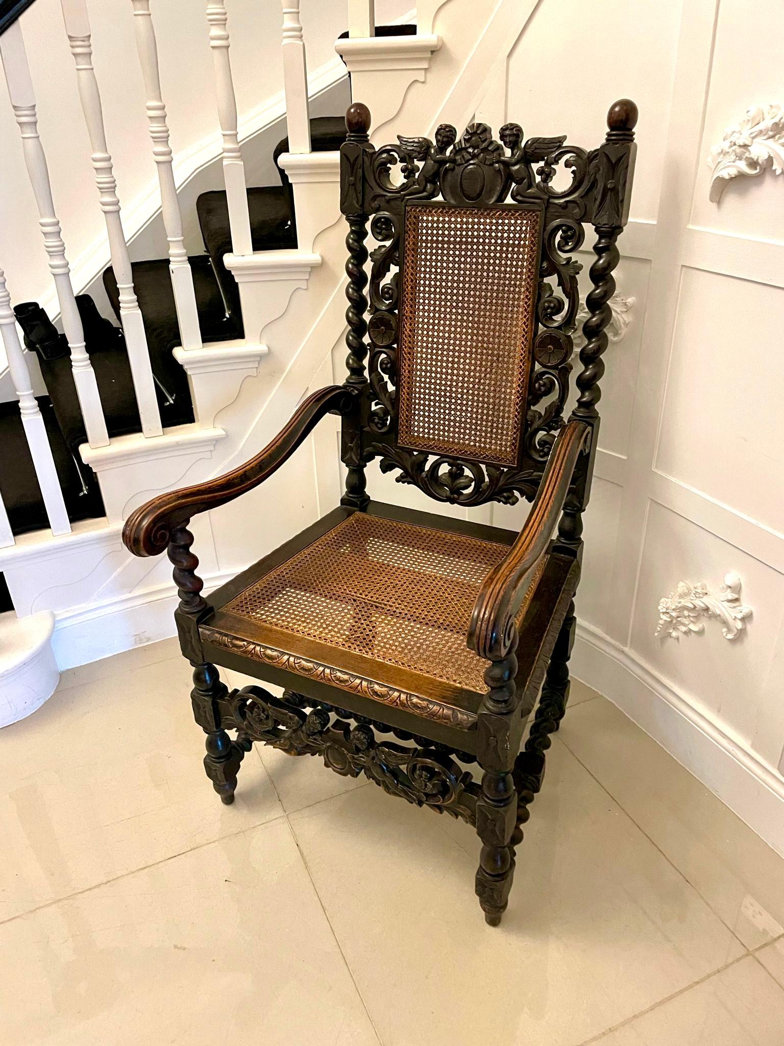  Grande chaise trône victorienne ancienne en chêne sculpté de qualité en vente 2