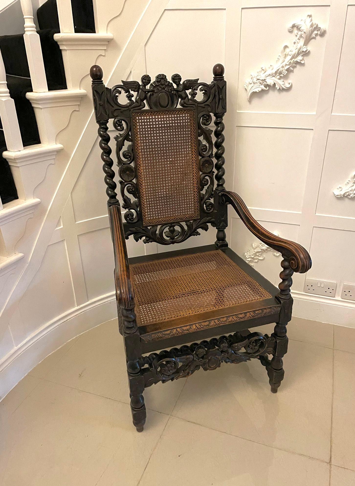 XIXe siècle  Grande chaise trône victorienne ancienne en chêne sculpté de qualité en vente