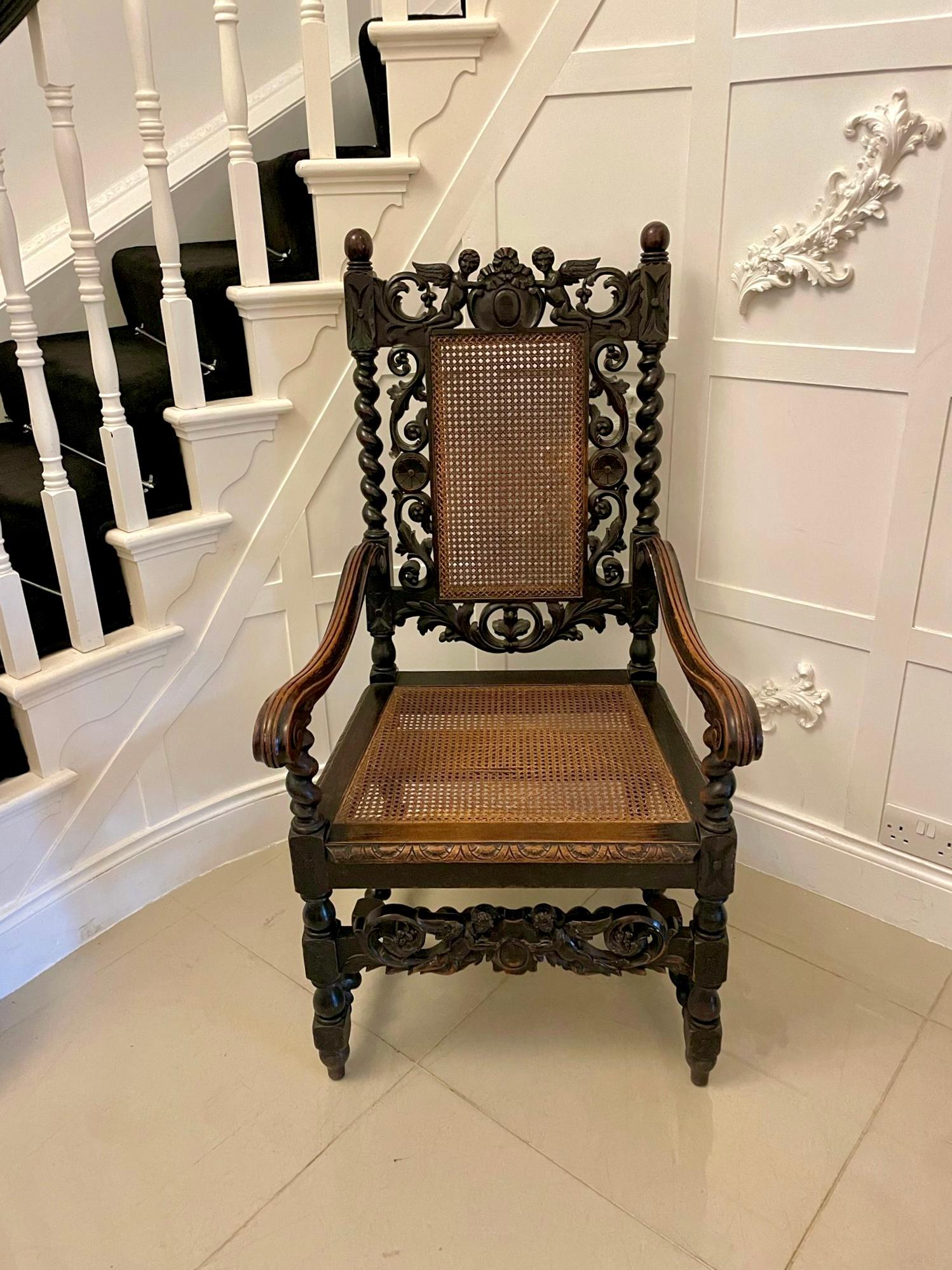  Grande chaise trône victorienne ancienne en chêne sculpté de qualité en vente 1