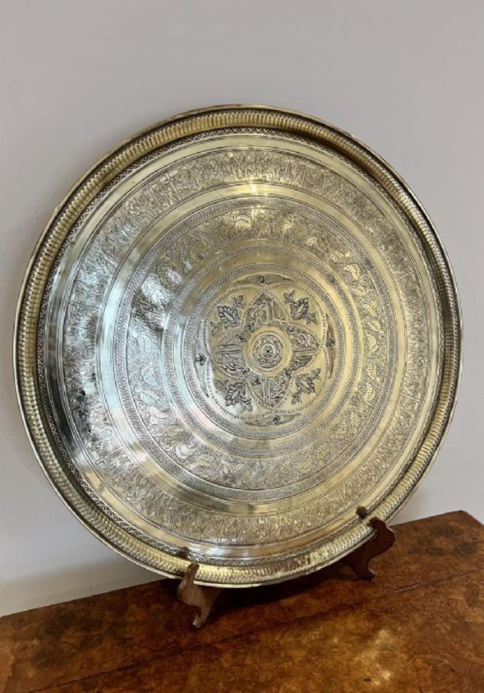 Large antique Victorian quality engraved circular mixed metal tray having a large quality antique Victorian engraved mixed metal circular tray with fantastic engraved decoration 
