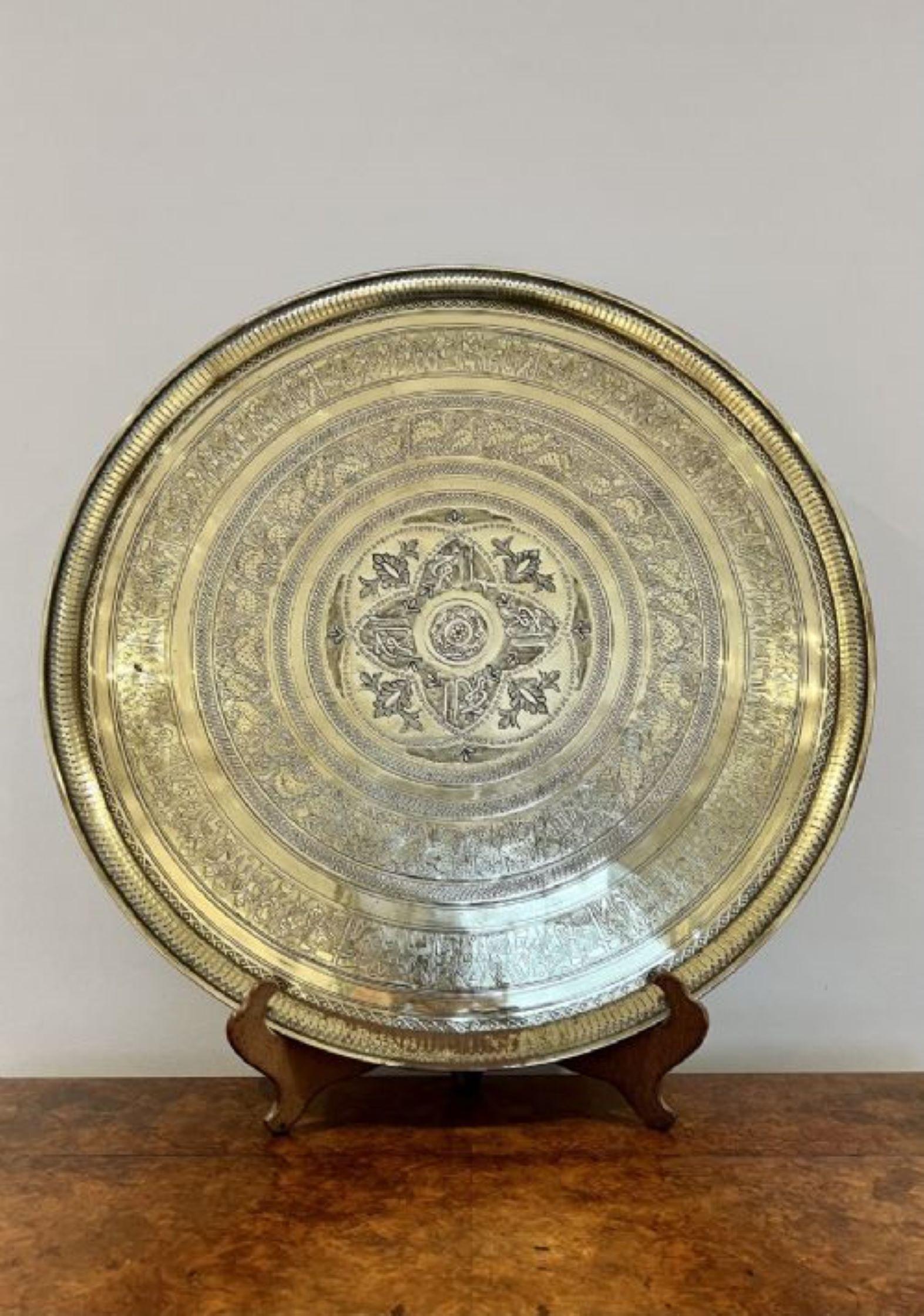 Metal Large antique Victorian quality engraved circular mixed metal tray For Sale