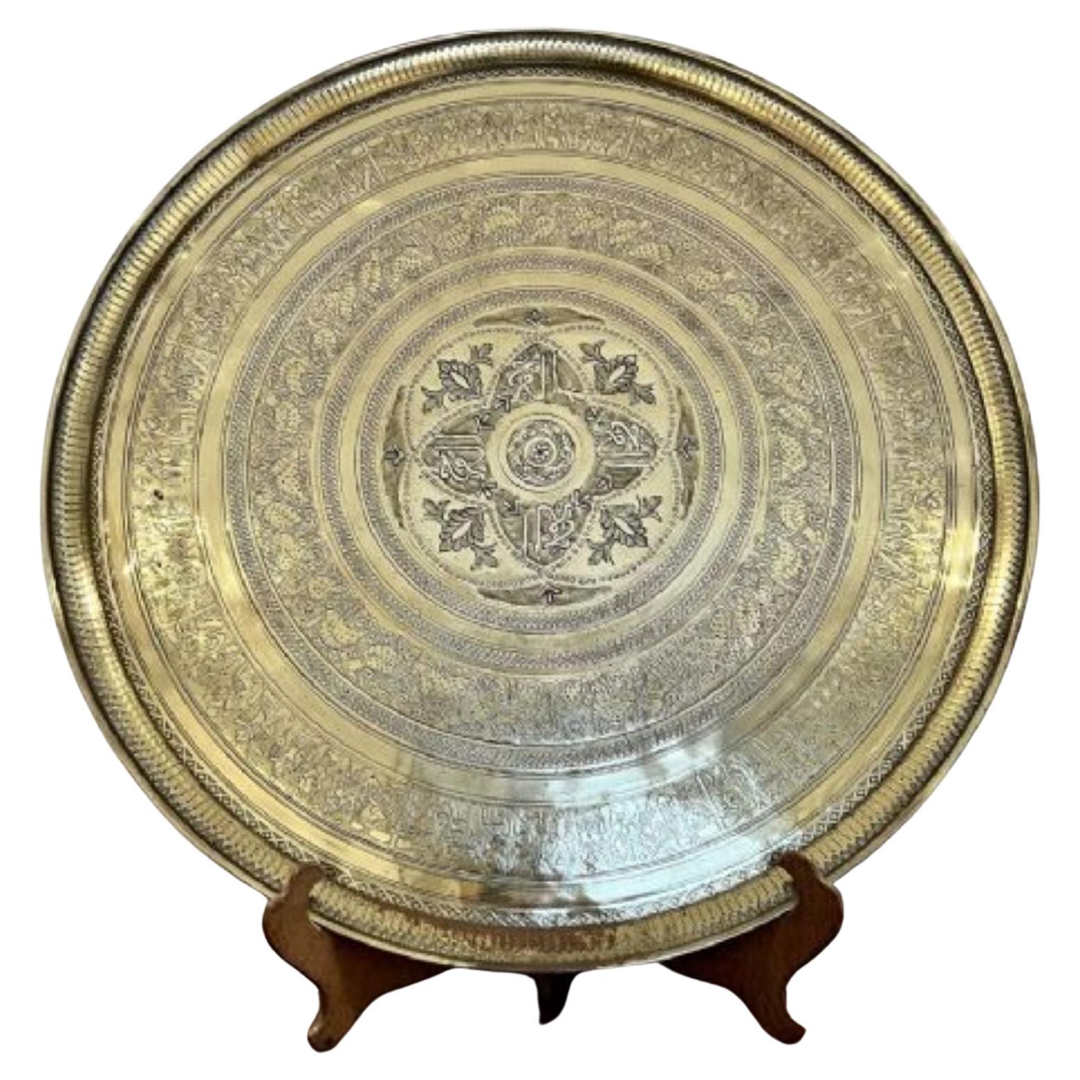 Large antique Victorian quality engraved circular mixed metal tray For Sale