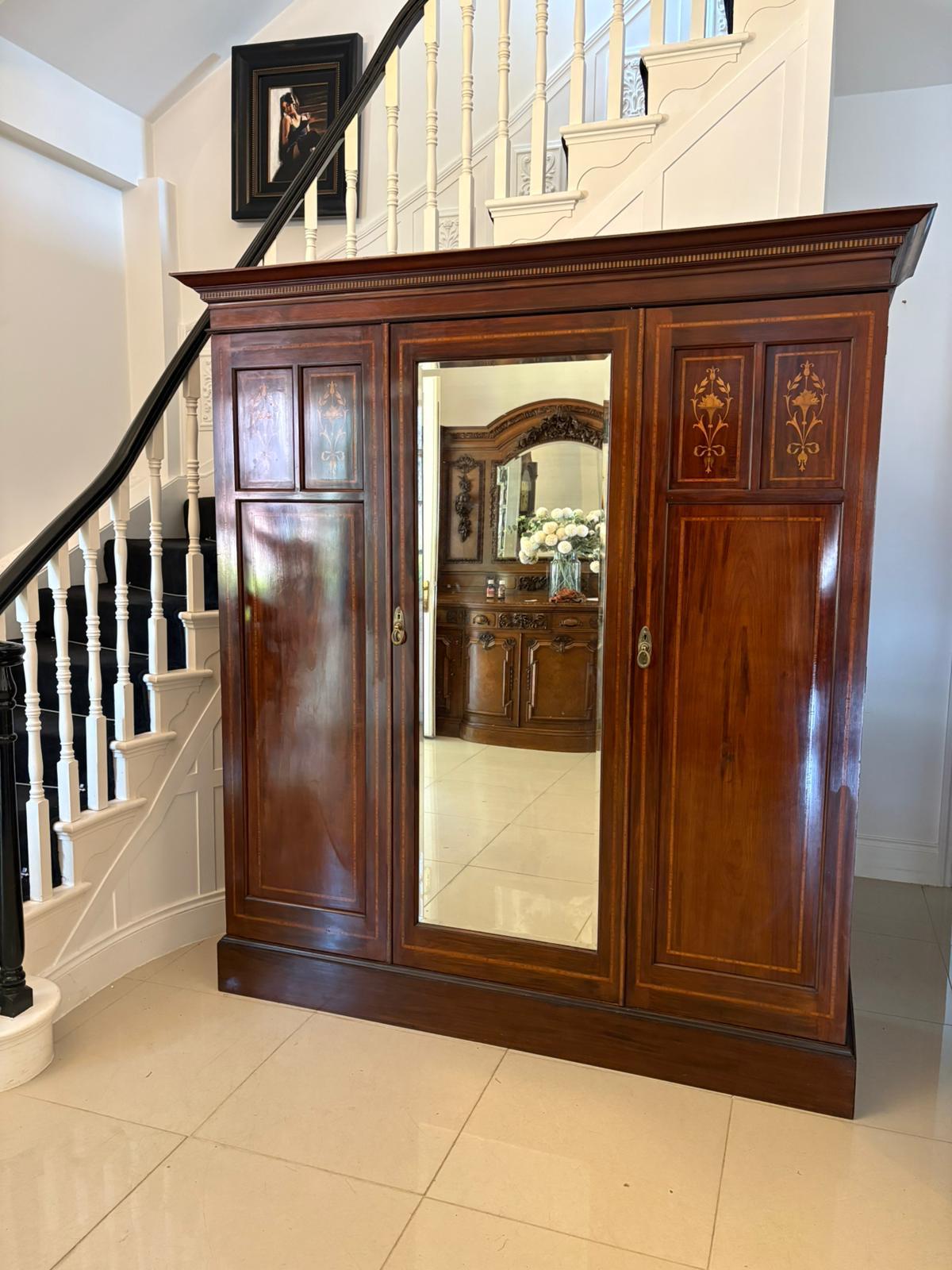 Large Antique Victorian Quality Inlaid Figured Mahogany 3 Door Wardrobe For Sale 6