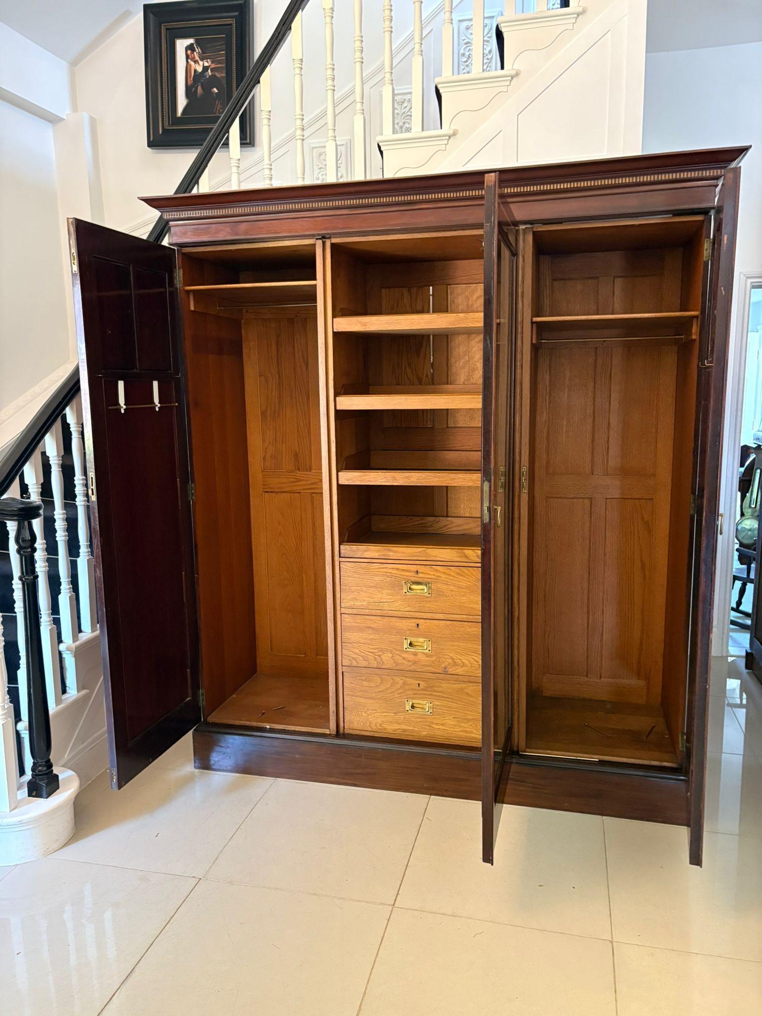 English Large Antique Victorian Quality Inlaid Figured Mahogany 3 Door Wardrobe For Sale