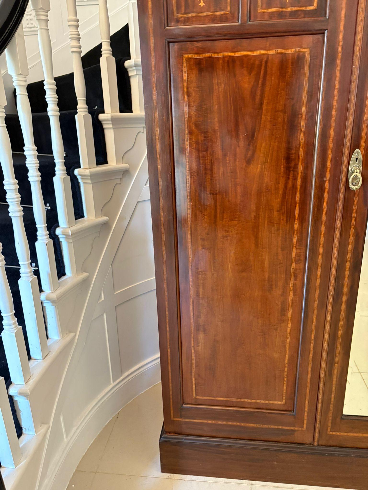 19th Century Large Antique Victorian Quality Inlaid Figured Mahogany 3 Door Wardrobe For Sale