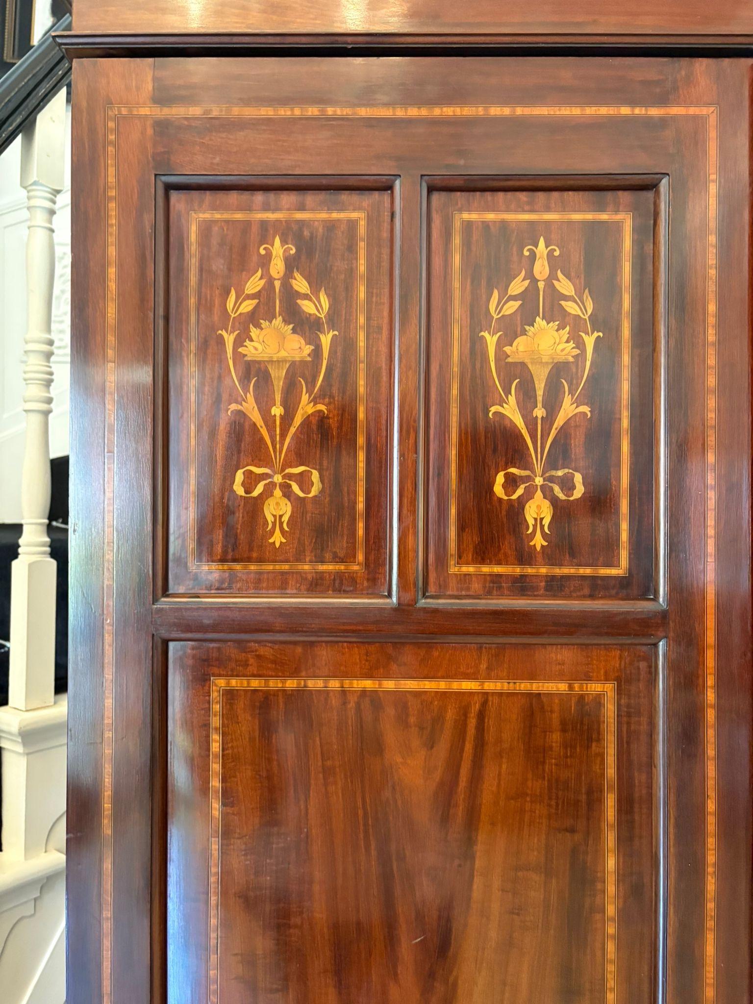 Large Antique Victorian Quality Inlaid Figured Mahogany 3 Door Wardrobe For Sale 2