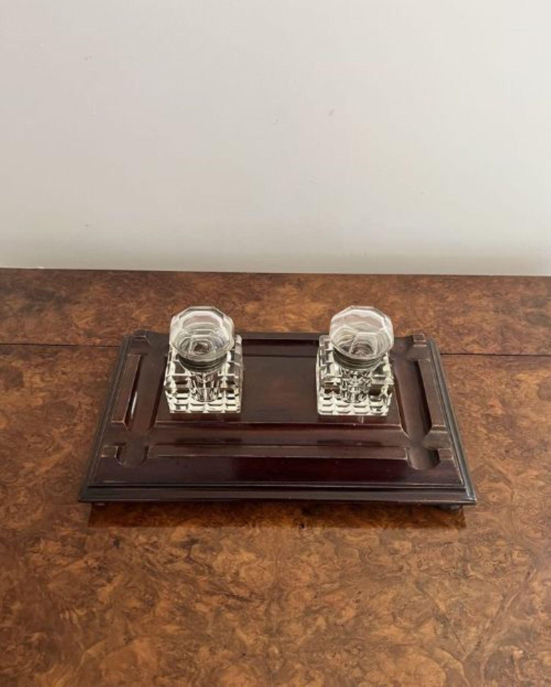 Large antique Victorian quality mahogany and glass desk set having a large quality mahogany stand of a rectangular shape with pen trays and the original pair od glass ink wells.