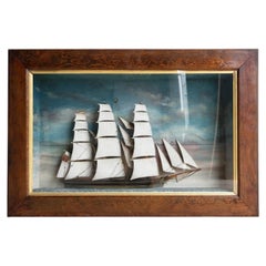 Large Antique Victorian Ship Diorama, Cased Maritime Folk Art Model, 19th C.