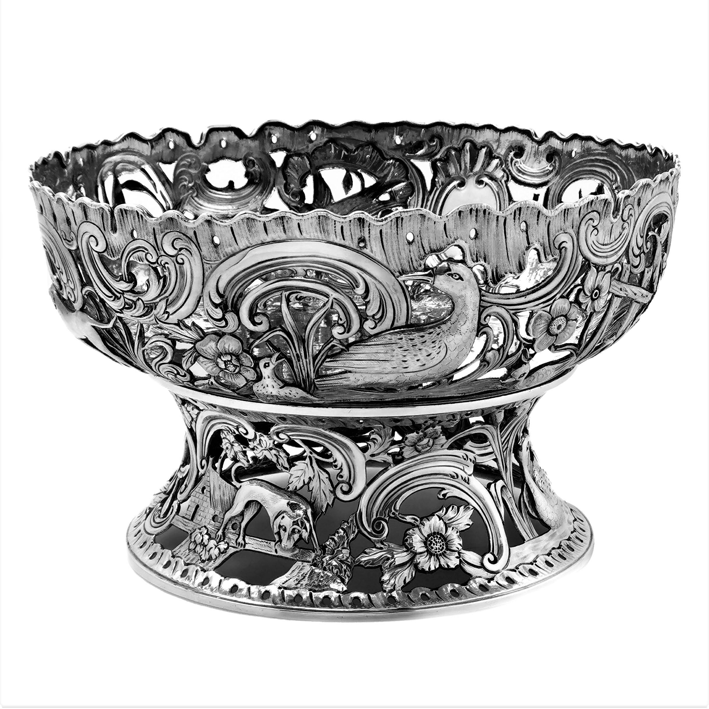 English Large Antique Victorian Silver Dish Ring and Bowl 1900 Georgian Irish Style For Sale